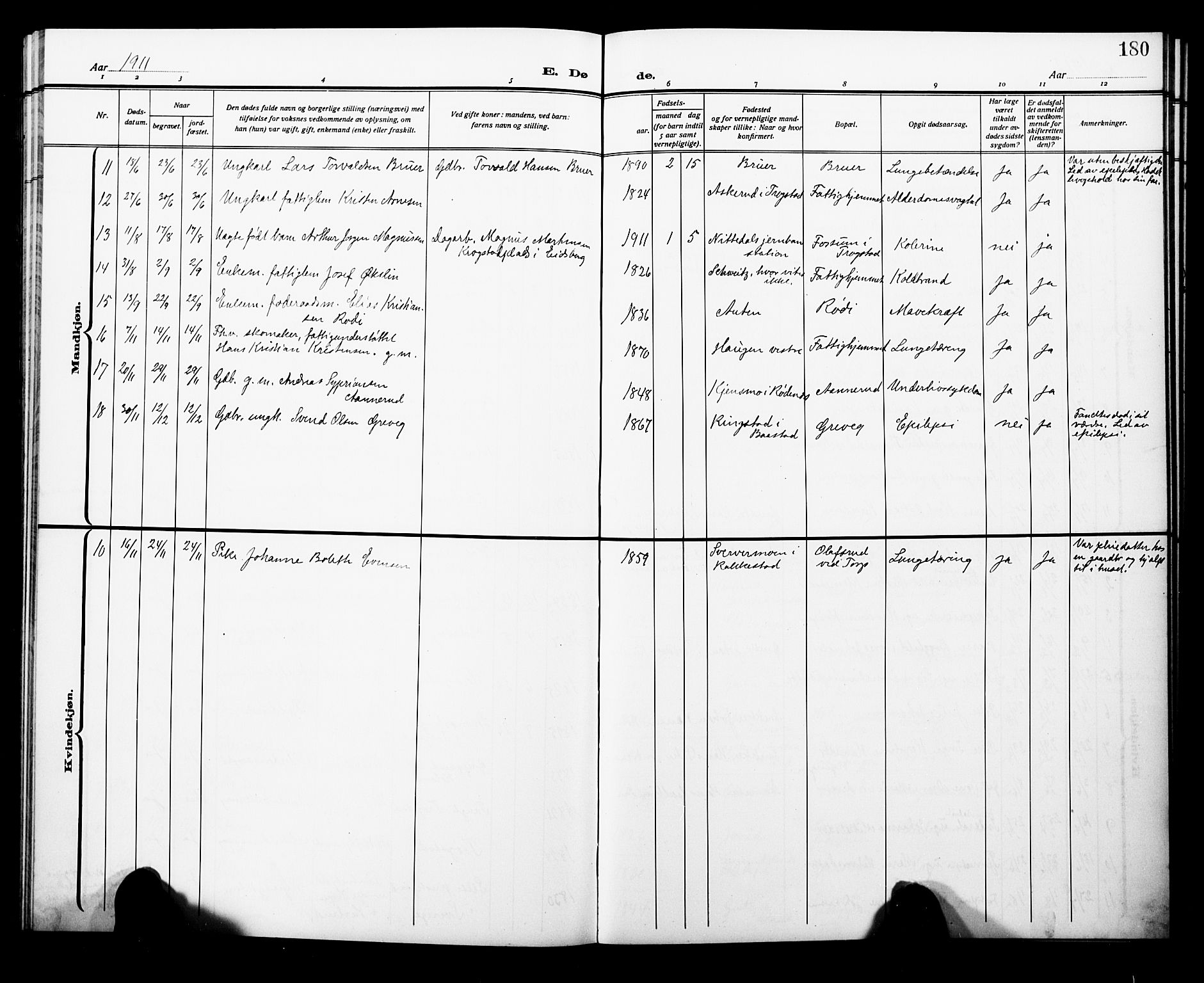 Trøgstad prestekontor Kirkebøker, AV/SAO-A-10925/G/Ga/L0002: Parish register (copy) no. I 2, 1911-1929, p. 180