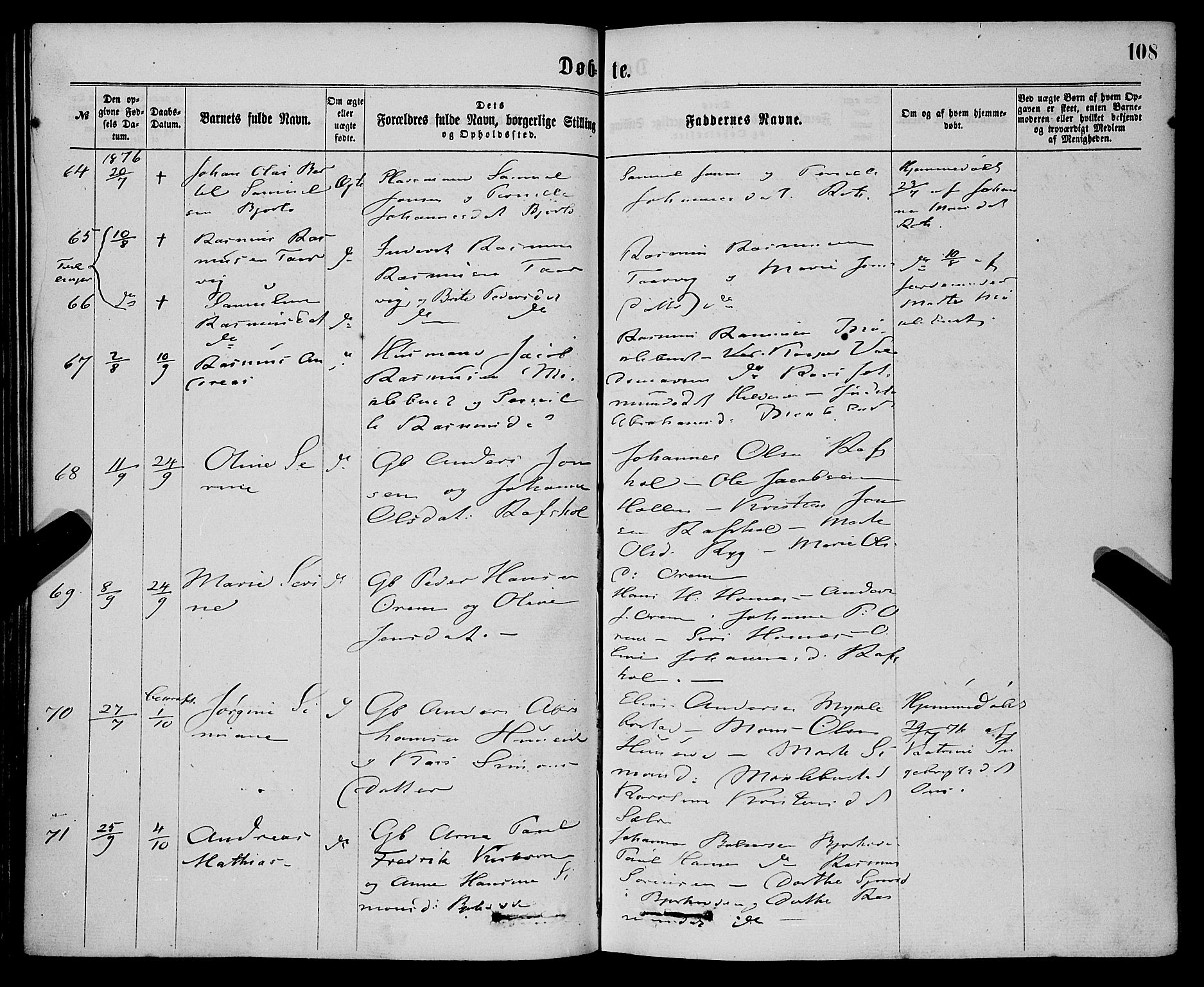 Eid sokneprestembete, AV/SAB-A-82301/H/Haa/Haaa/L0010: Parish register (official) no. A 10, 1867-1878, p. 108