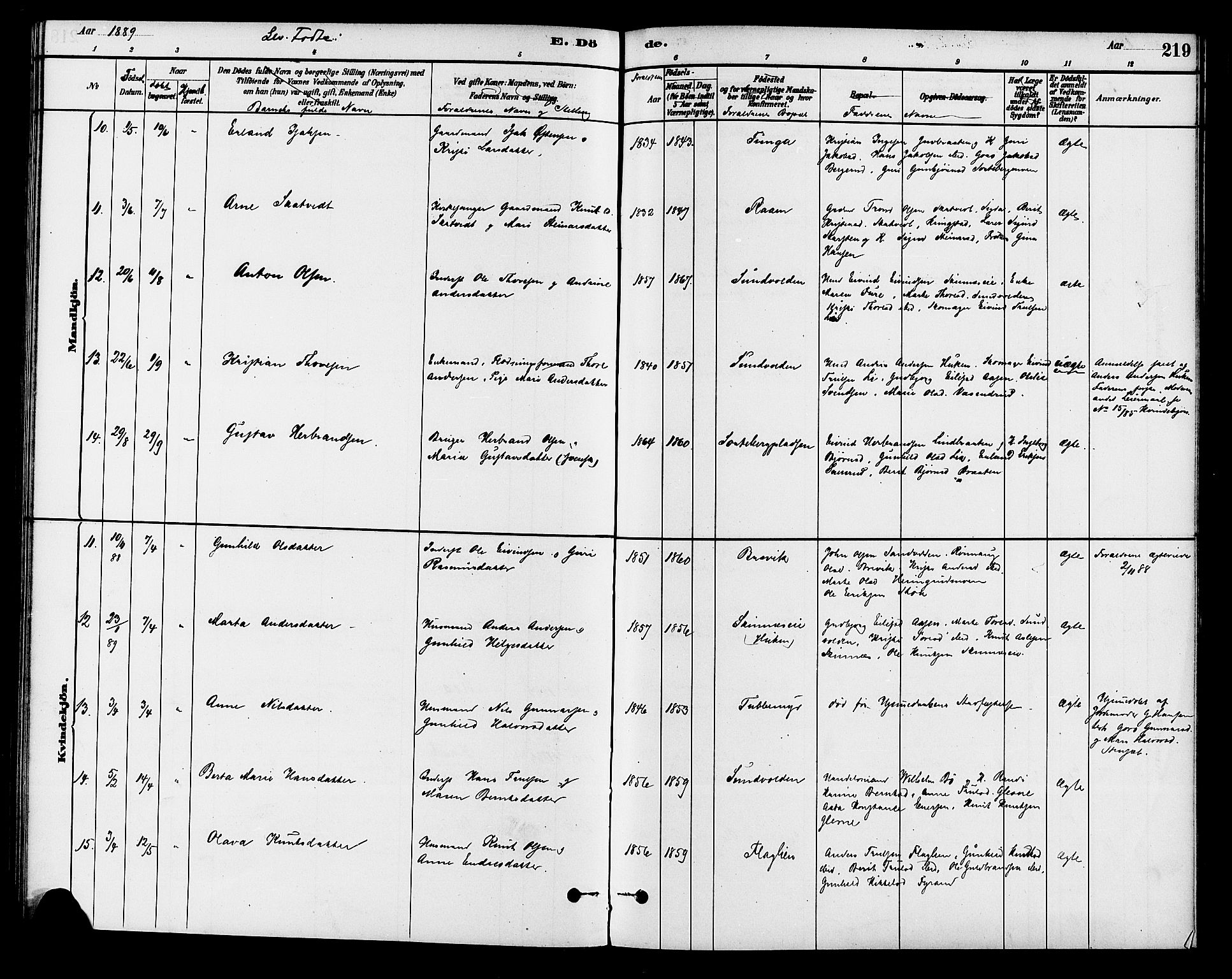 Krødsherad kirkebøker, AV/SAKO-A-19/G/Ga/L0001: Parish register (copy) no. 1, 1879-1893, p. 219