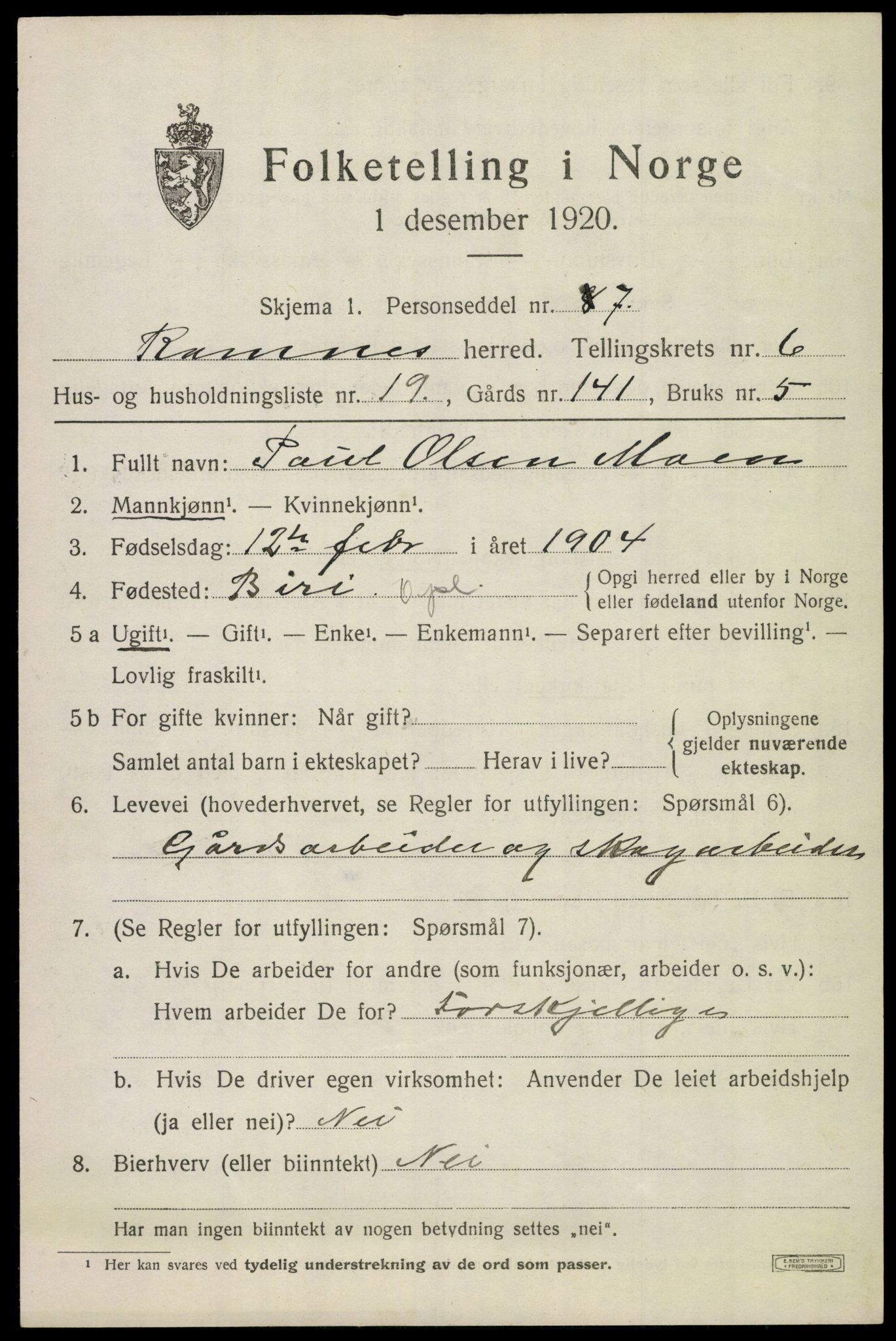 SAKO, 1920 census for Ramnes, 1920, p. 6376