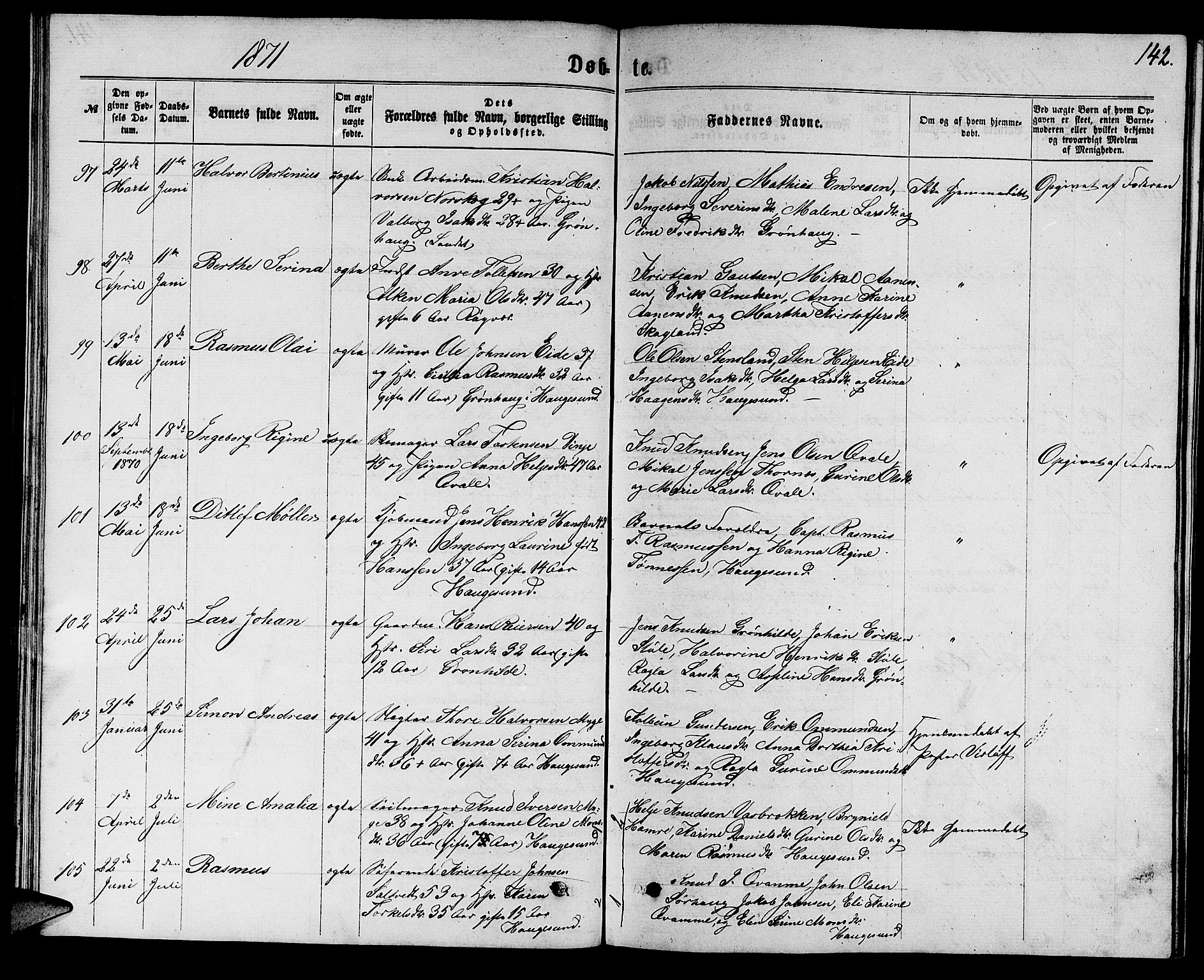 Torvastad sokneprestkontor, AV/SAST-A -101857/H/Ha/Hab/L0007: Parish register (copy) no. B 7, 1866-1873, p. 142