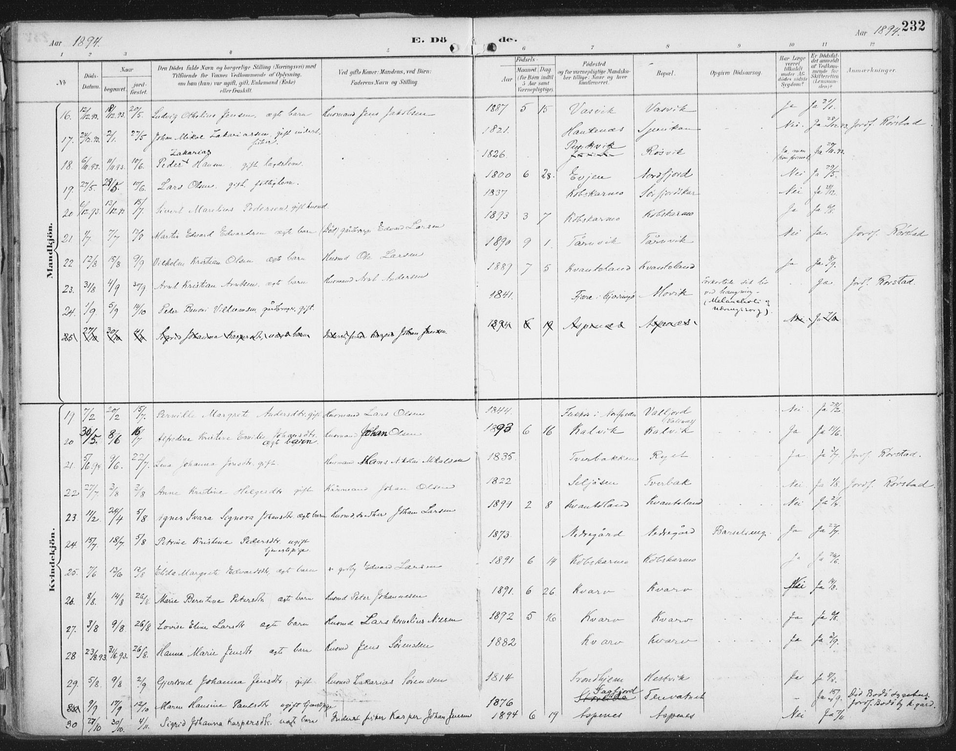 Ministerialprotokoller, klokkerbøker og fødselsregistre - Nordland, AV/SAT-A-1459/854/L0779: Parish register (official) no. 854A02, 1892-1909, p. 232
