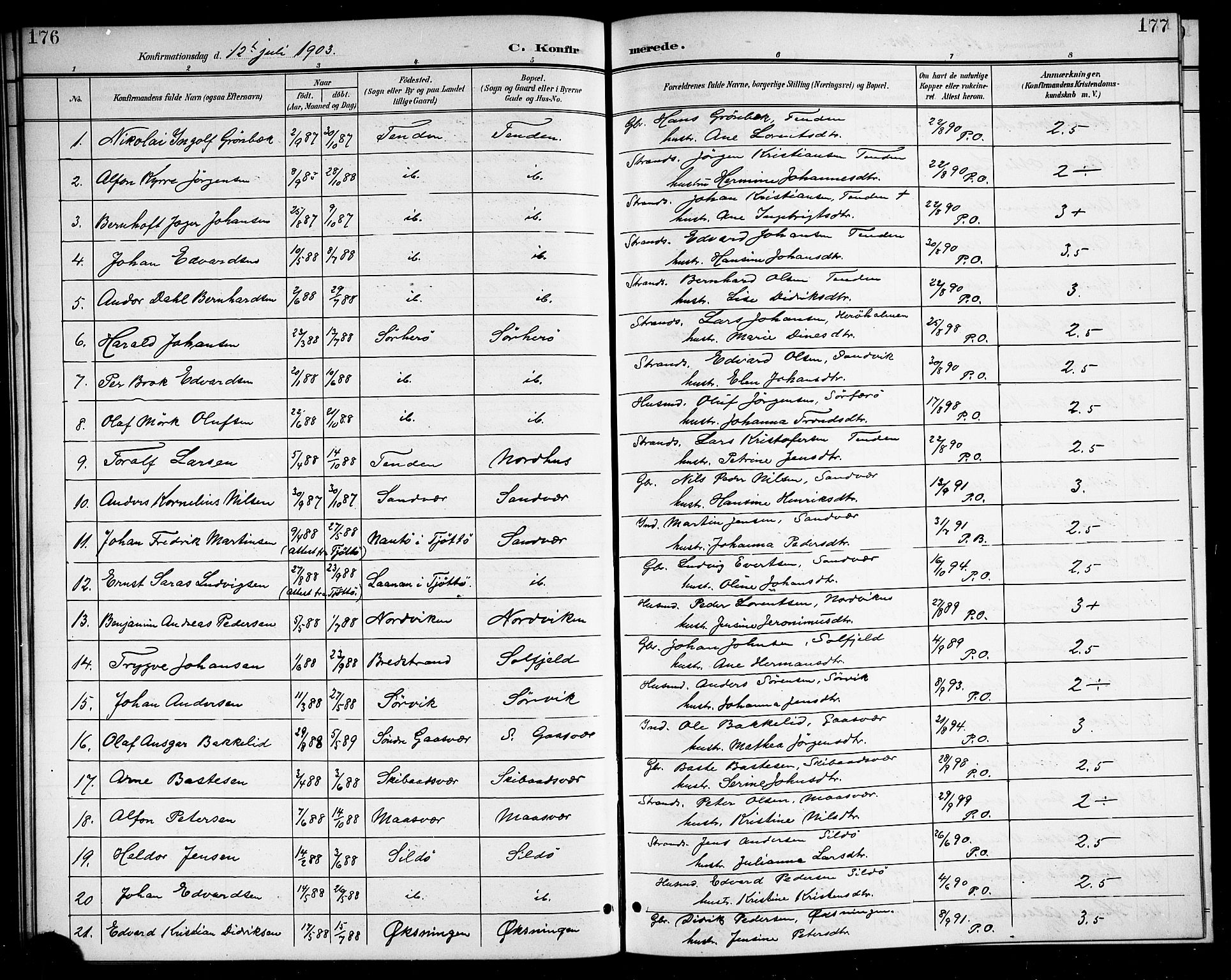 Ministerialprotokoller, klokkerbøker og fødselsregistre - Nordland, SAT/A-1459/834/L0516: Parish register (copy) no. 834C06, 1902-1918, p. 176-177