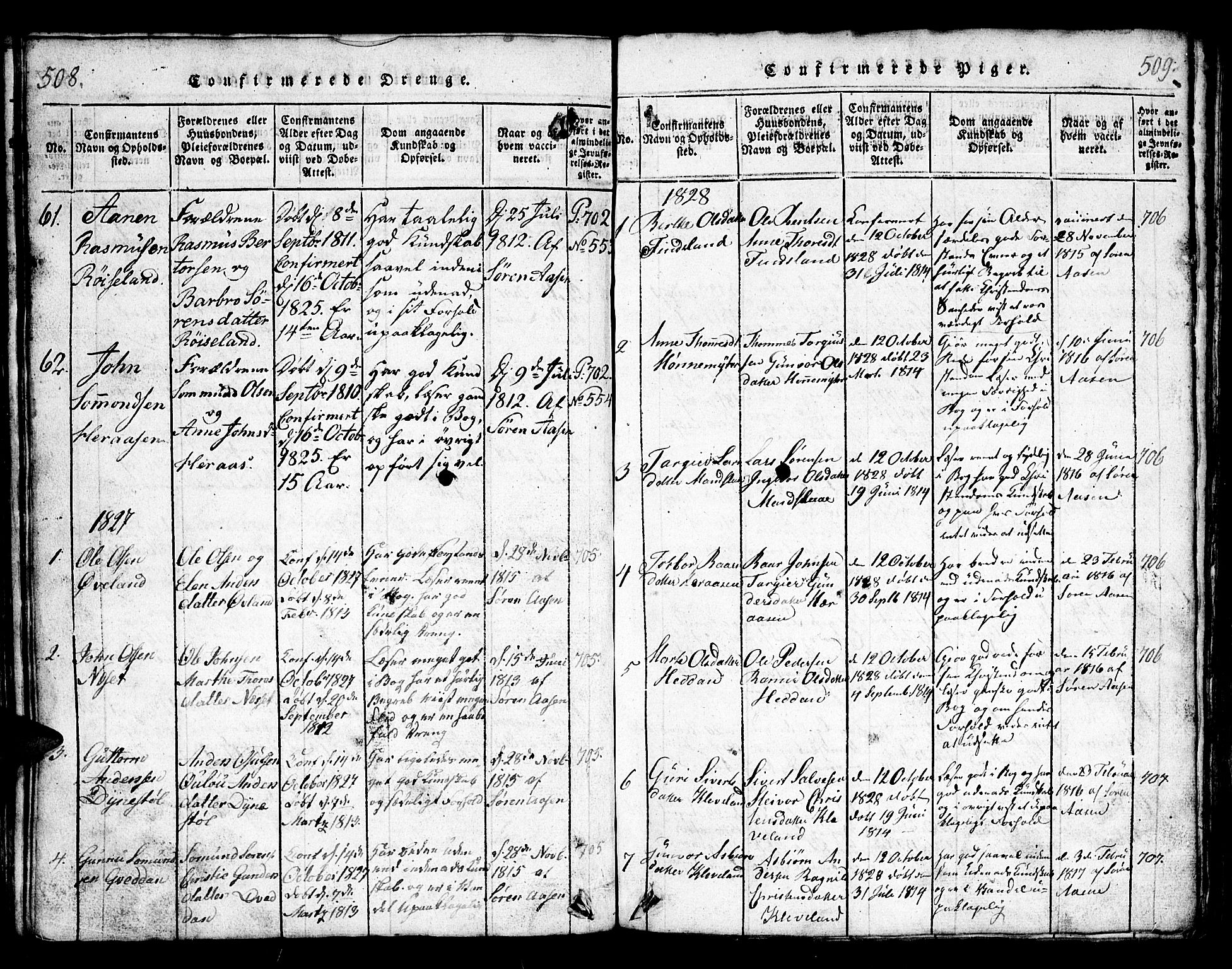 Bjelland sokneprestkontor, SAK/1111-0005/F/Fb/Fbb/L0003: Parish register (copy) no. B 3, 1816-1868, p. 508-509