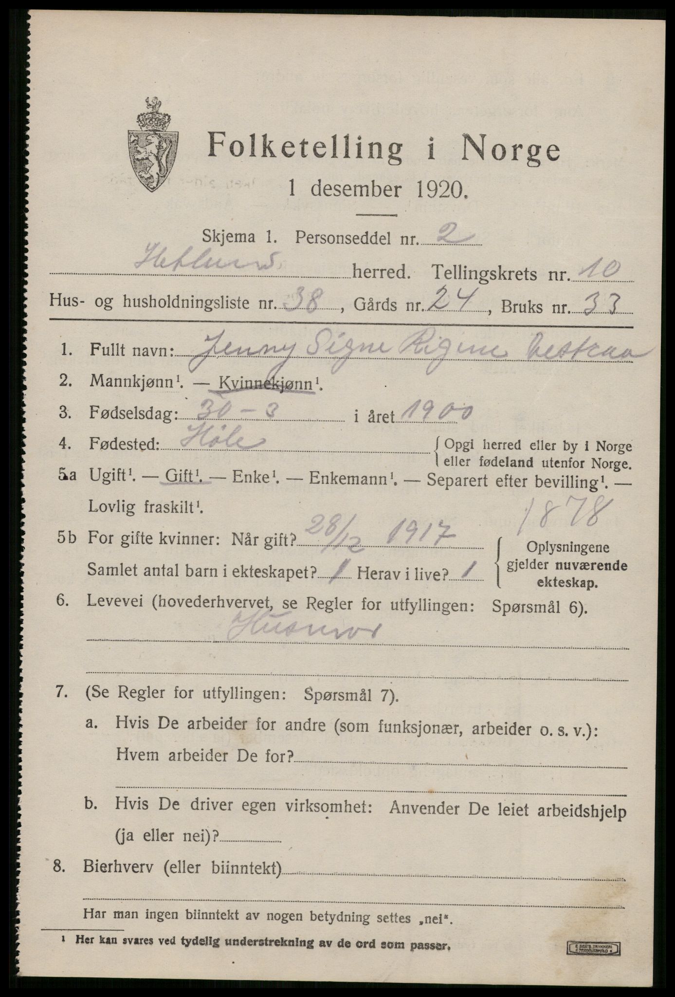 SAST, 1920 census for Hetland, 1920, p. 19399