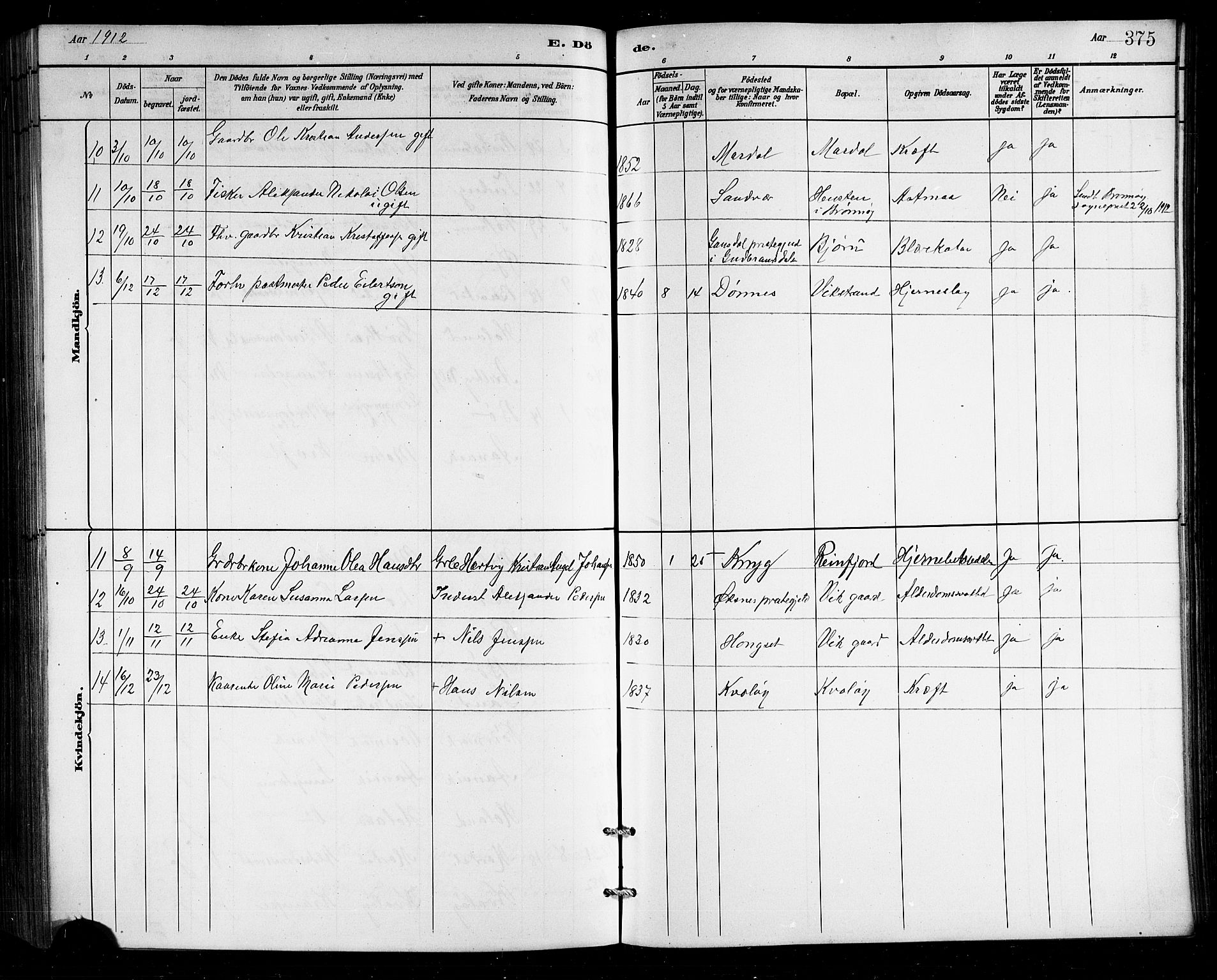 Ministerialprotokoller, klokkerbøker og fødselsregistre - Nordland, AV/SAT-A-1459/812/L0188: Parish register (copy) no. 812C06, 1884-1912, p. 375