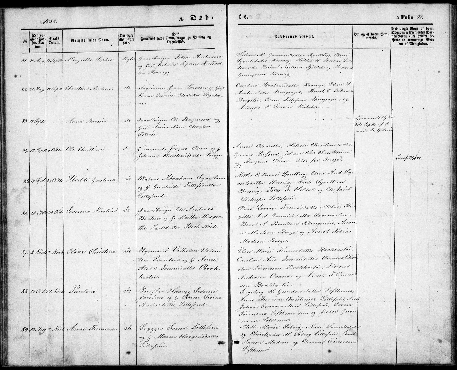 Vestre Moland sokneprestkontor, AV/SAK-1111-0046/F/Fb/Fbb/L0003: Parish register (copy) no. B 3, 1851-1861, p. 78