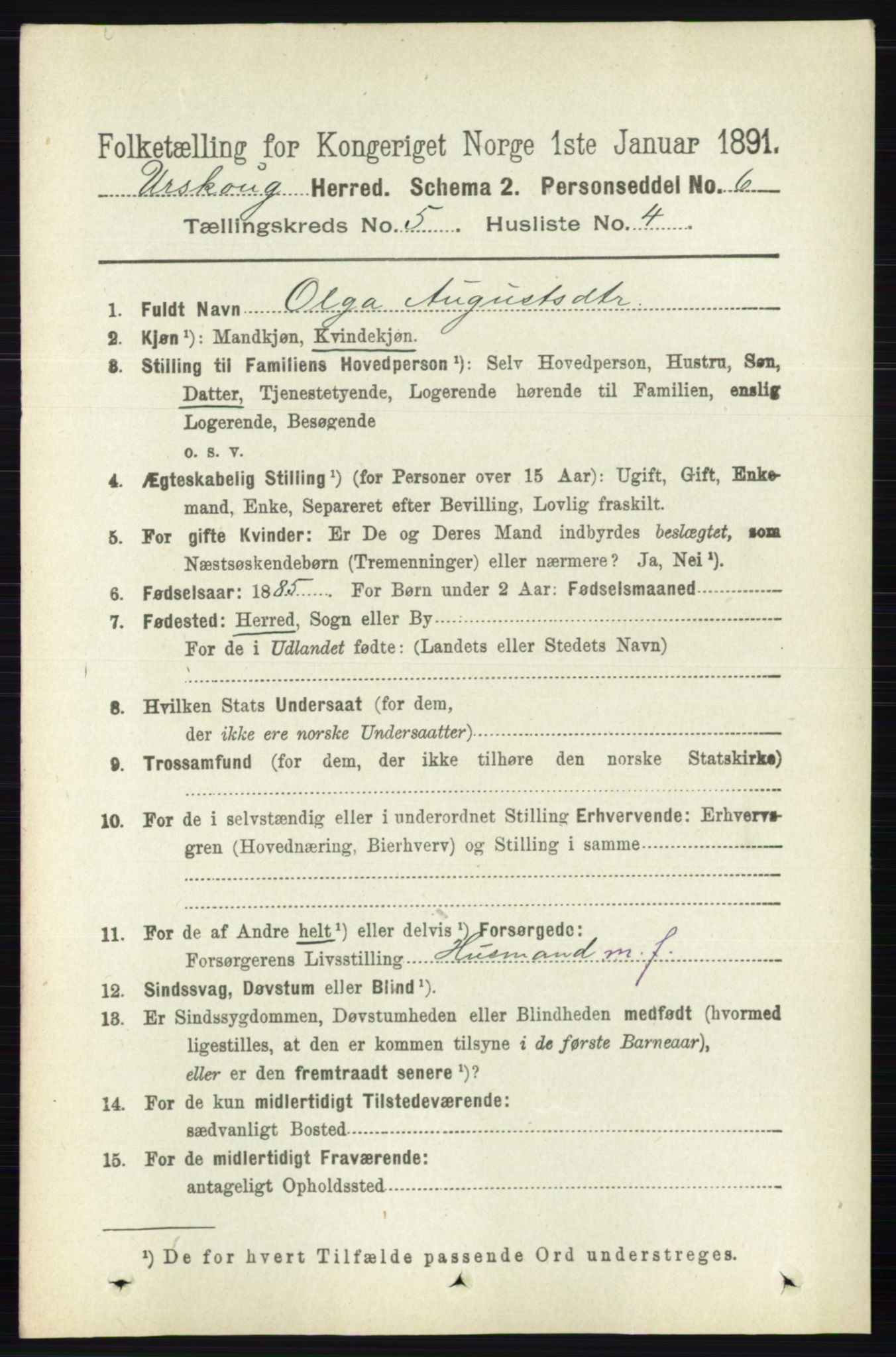RA, 1891 census for 0224 Aurskog, 1891, p. 2086