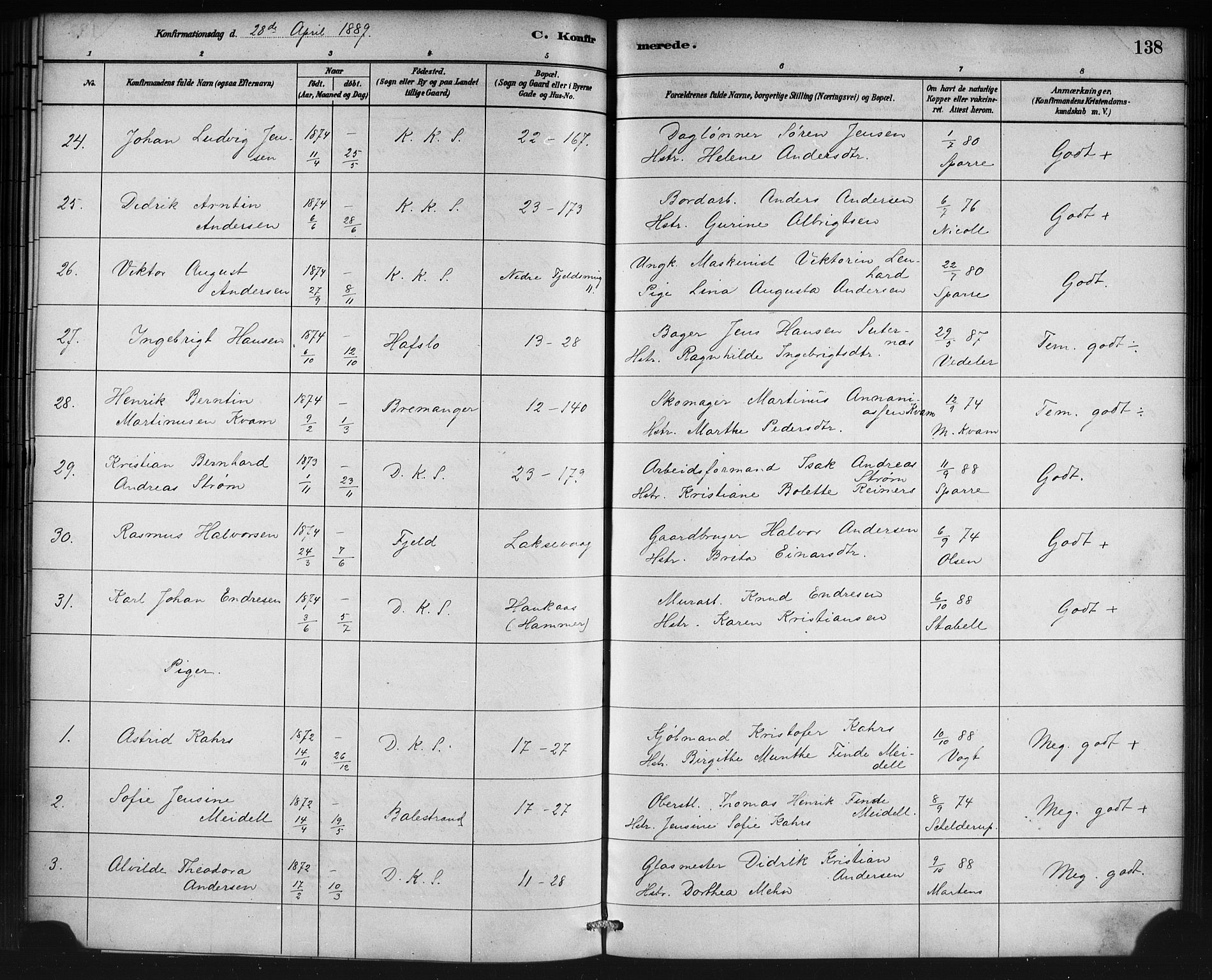 Korskirken sokneprestembete, AV/SAB-A-76101/H/Haa/L0029: Parish register (official) no. C 5, 1880-1892, p. 138