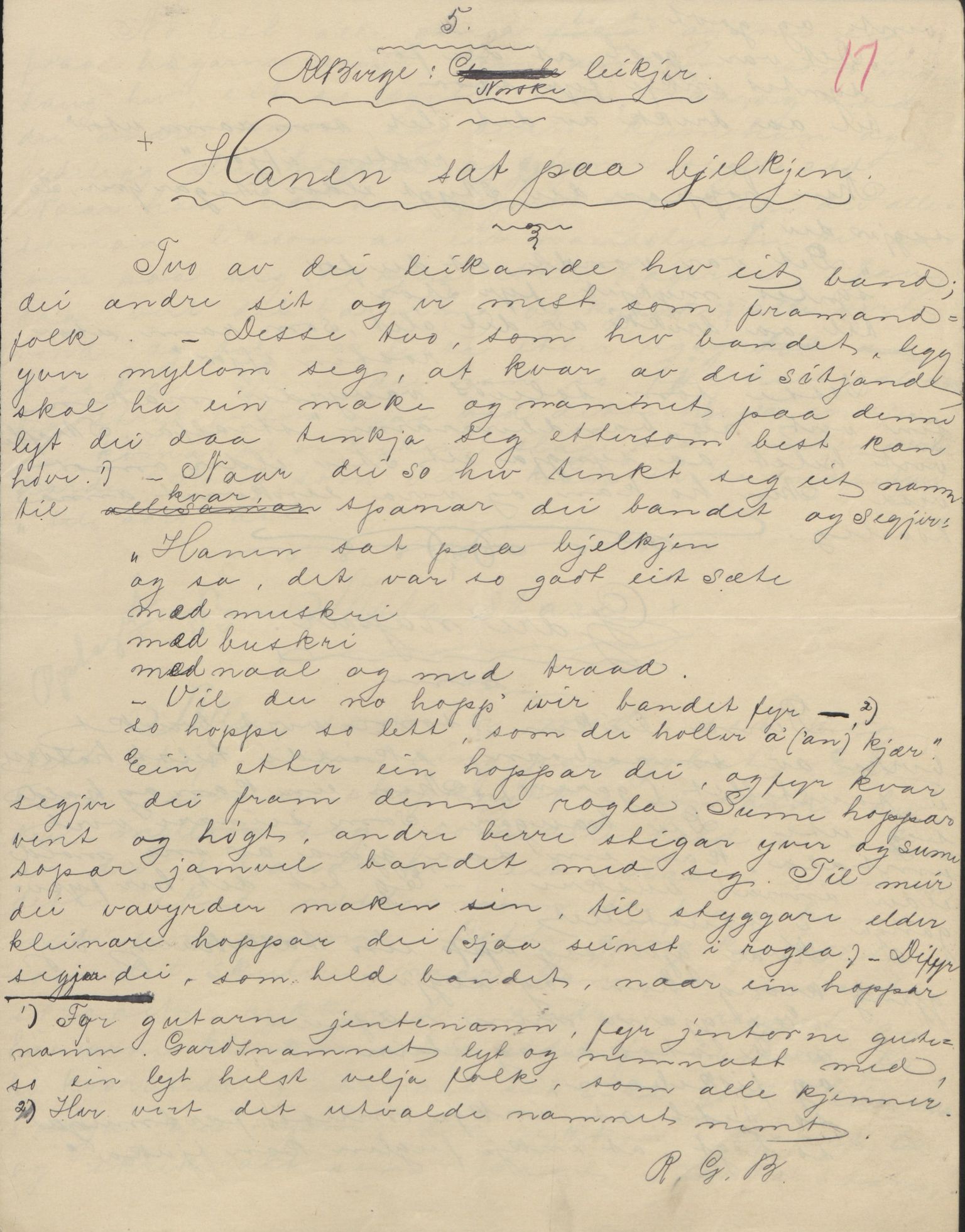 Rikard Berge, TEMU/TGM-A-1003/F/L0004/0053: 101-159 / 157 Manuskript, notatar, brev o.a. Nokre leiker, manuskript, 1906-1908, p. 17