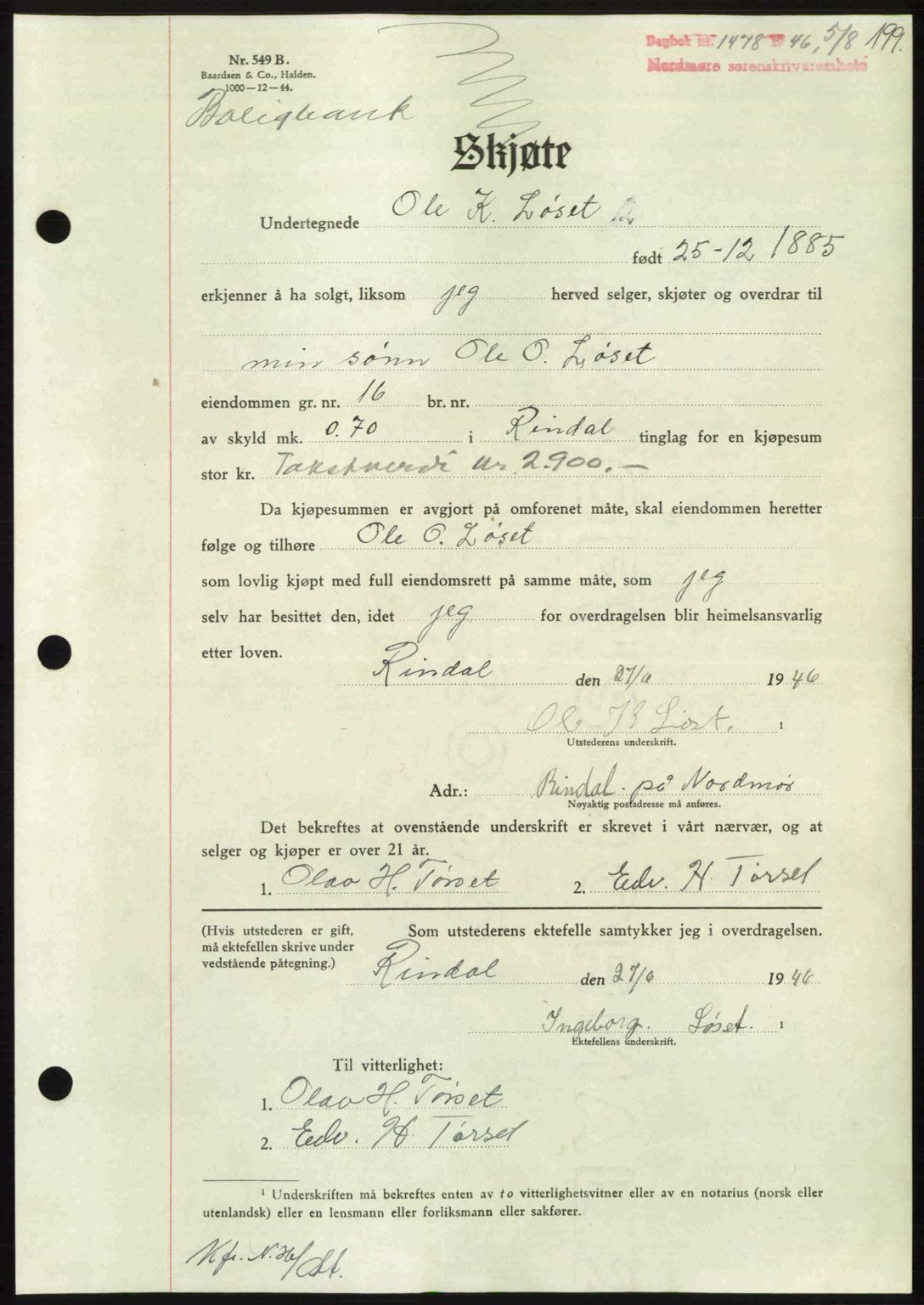 Nordmøre sorenskriveri, AV/SAT-A-4132/1/2/2Ca: Mortgage book no. A102, 1946-1946, Diary no: : 1478/1946