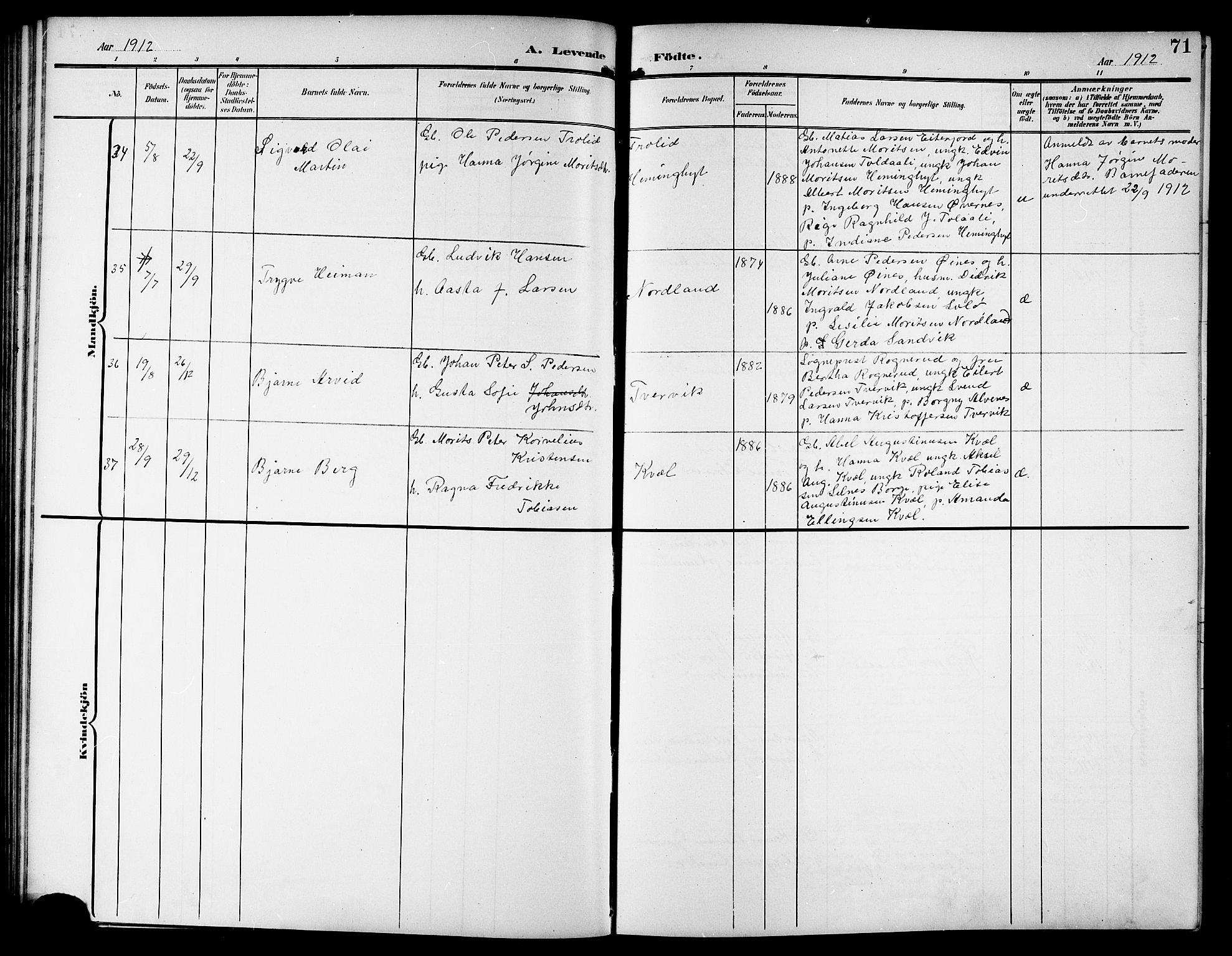 Ministerialprotokoller, klokkerbøker og fødselsregistre - Nordland, AV/SAT-A-1459/846/L0655: Parish register (copy) no. 846C05, 1902-1916, p. 71