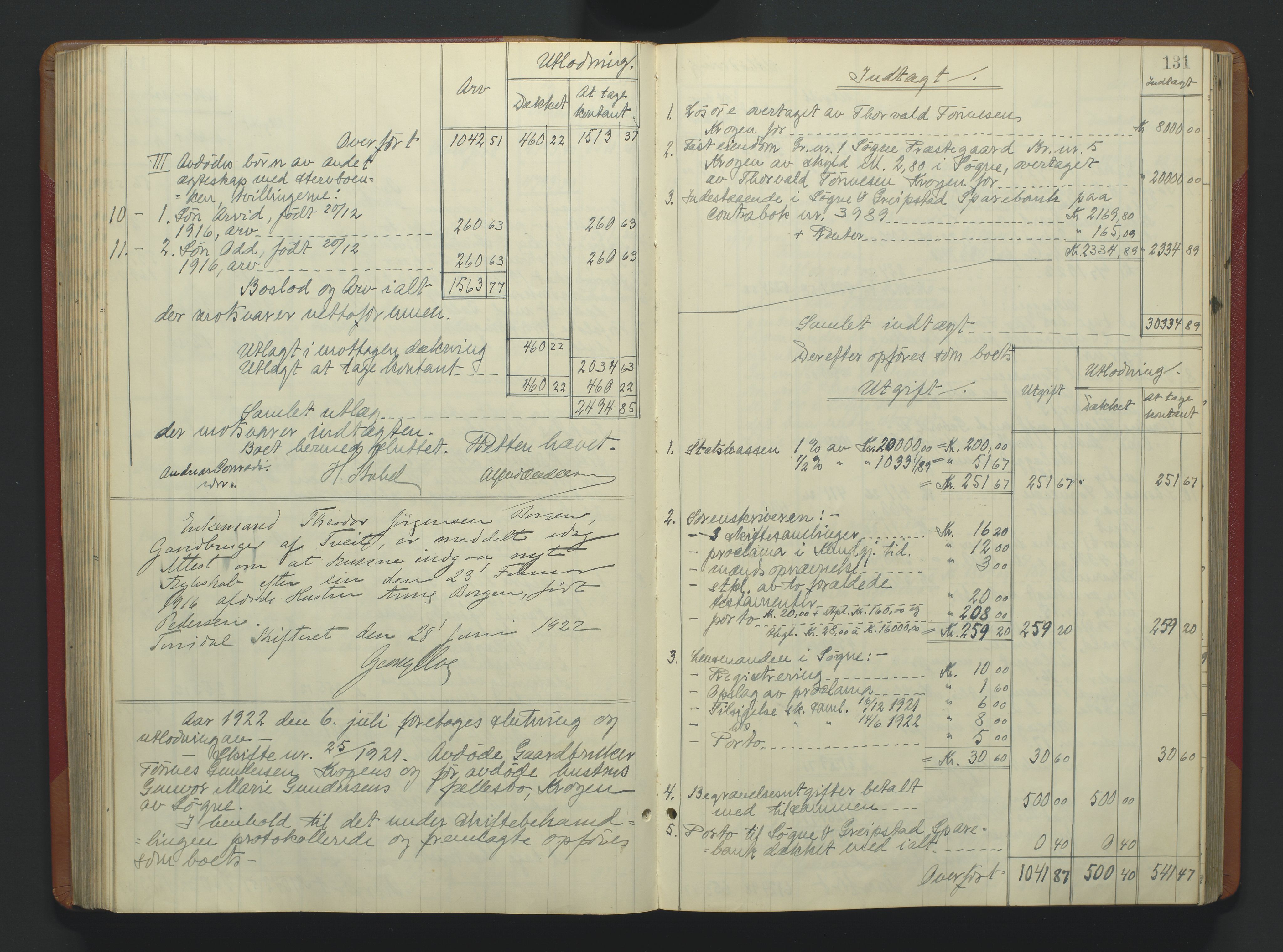 Torridal sorenskriveri, AV/SAK-1221-0012/H/Hc/L0037: Skifteutlodningsprotokoll med navneregister nr. 6, 1918-1927, p. 131