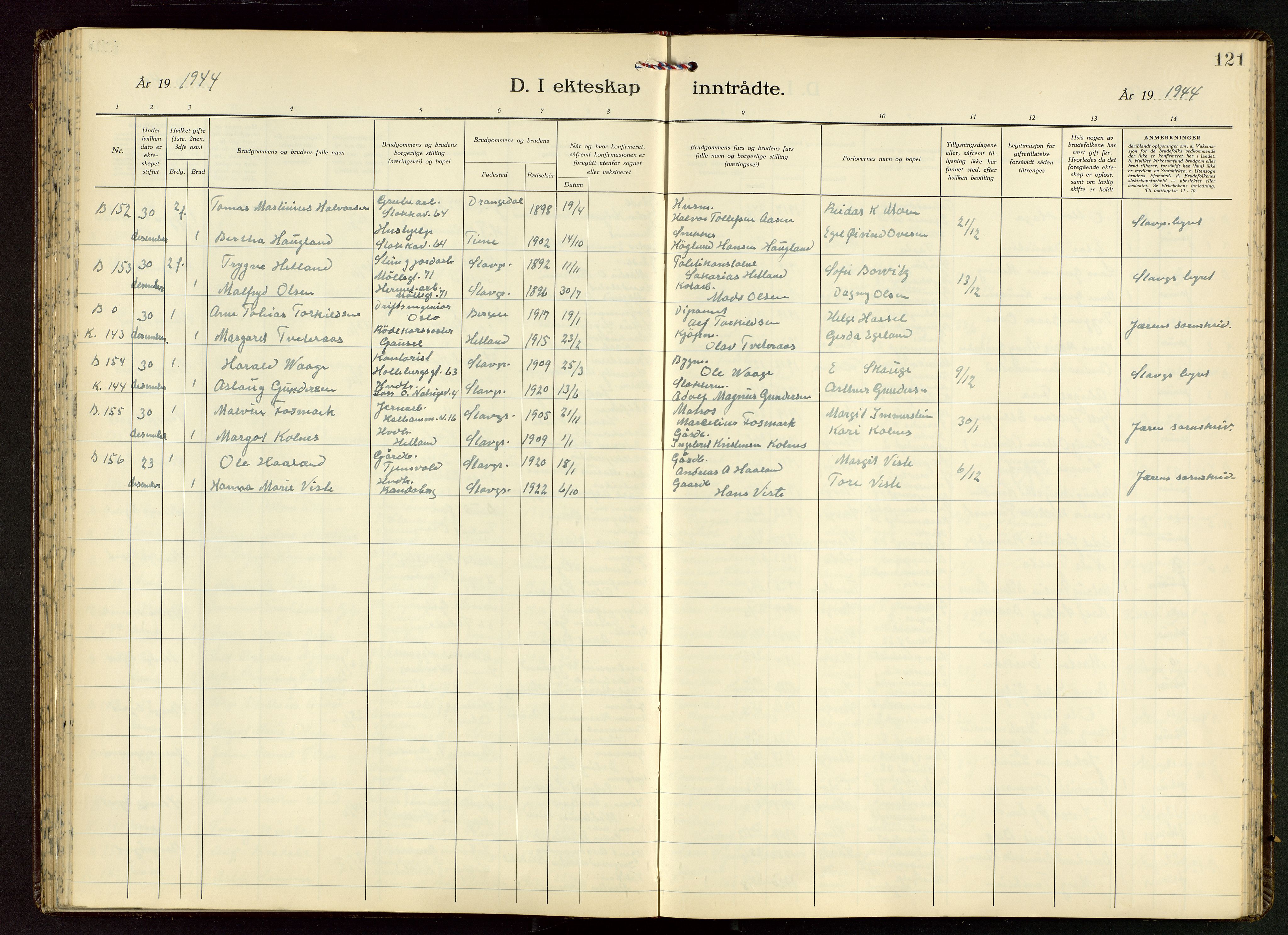 Domkirken sokneprestkontor, AV/SAST-A-101812/001/30/30BB/L0022: Parish register (copy) no. B 22, 1937-1949, p. 121