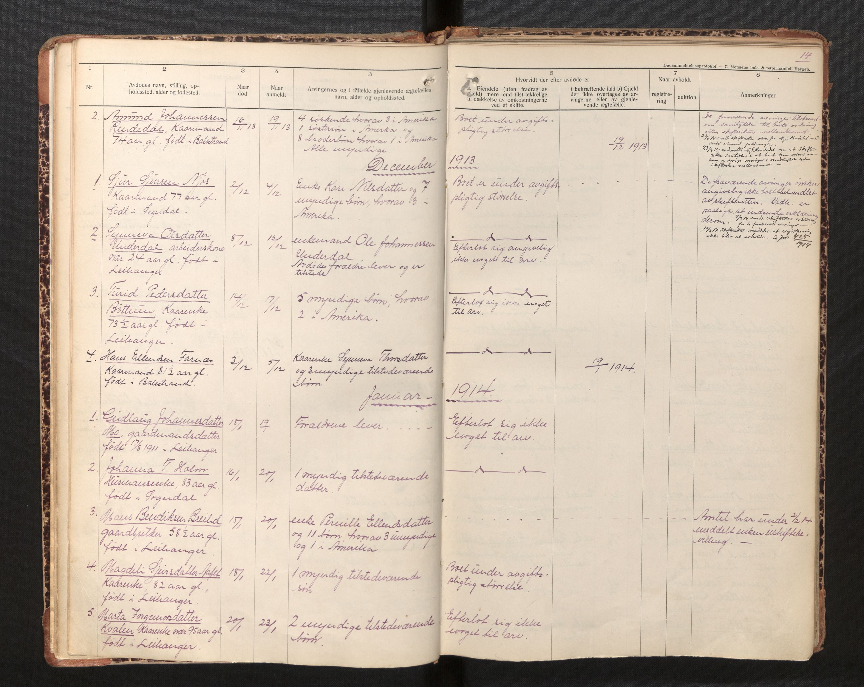 Lensmannen i Leikanger, AV/SAB-A-29201/0006/L0009: Dødsfallprotokoll, 1911-1936, p. 14