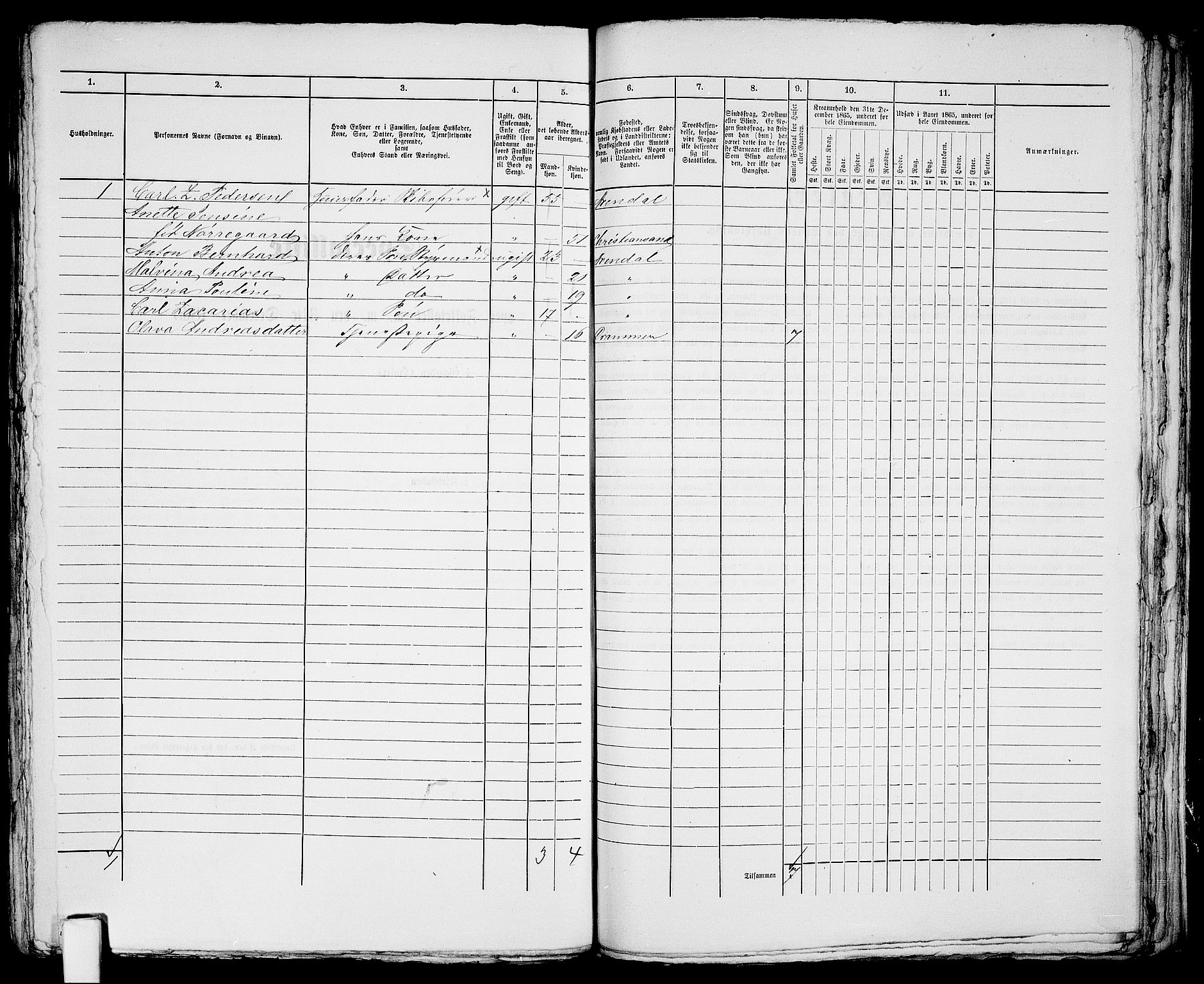 RA, 1865 census for Arendal, 1865, p. 627