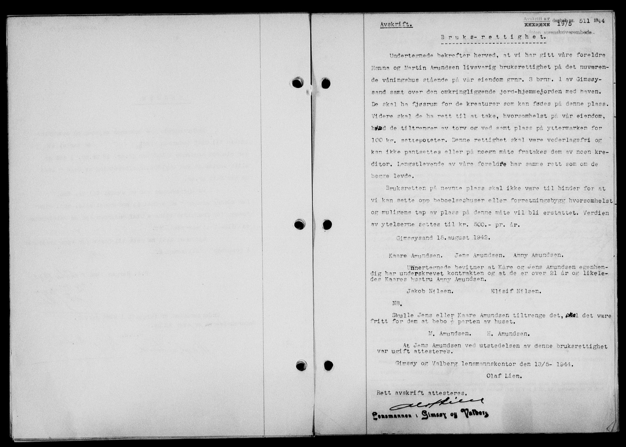 Lofoten sorenskriveri, SAT/A-0017/1/2/2C/L0012a: Mortgage book no. 12a, 1943-1944, Diary no: : 511/1944