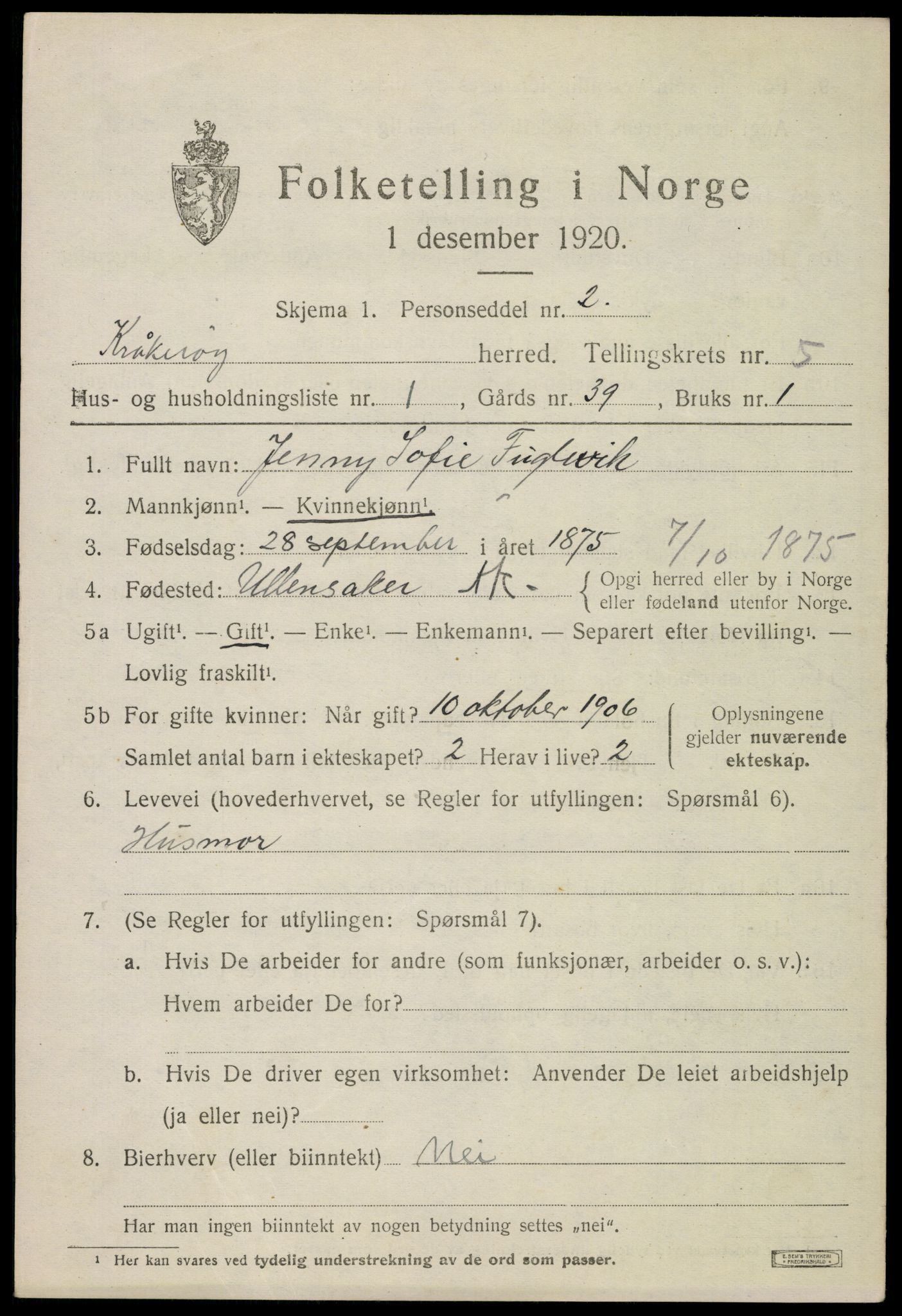 SAO, 1920 census for Kråkerøy, 1920, p. 5788