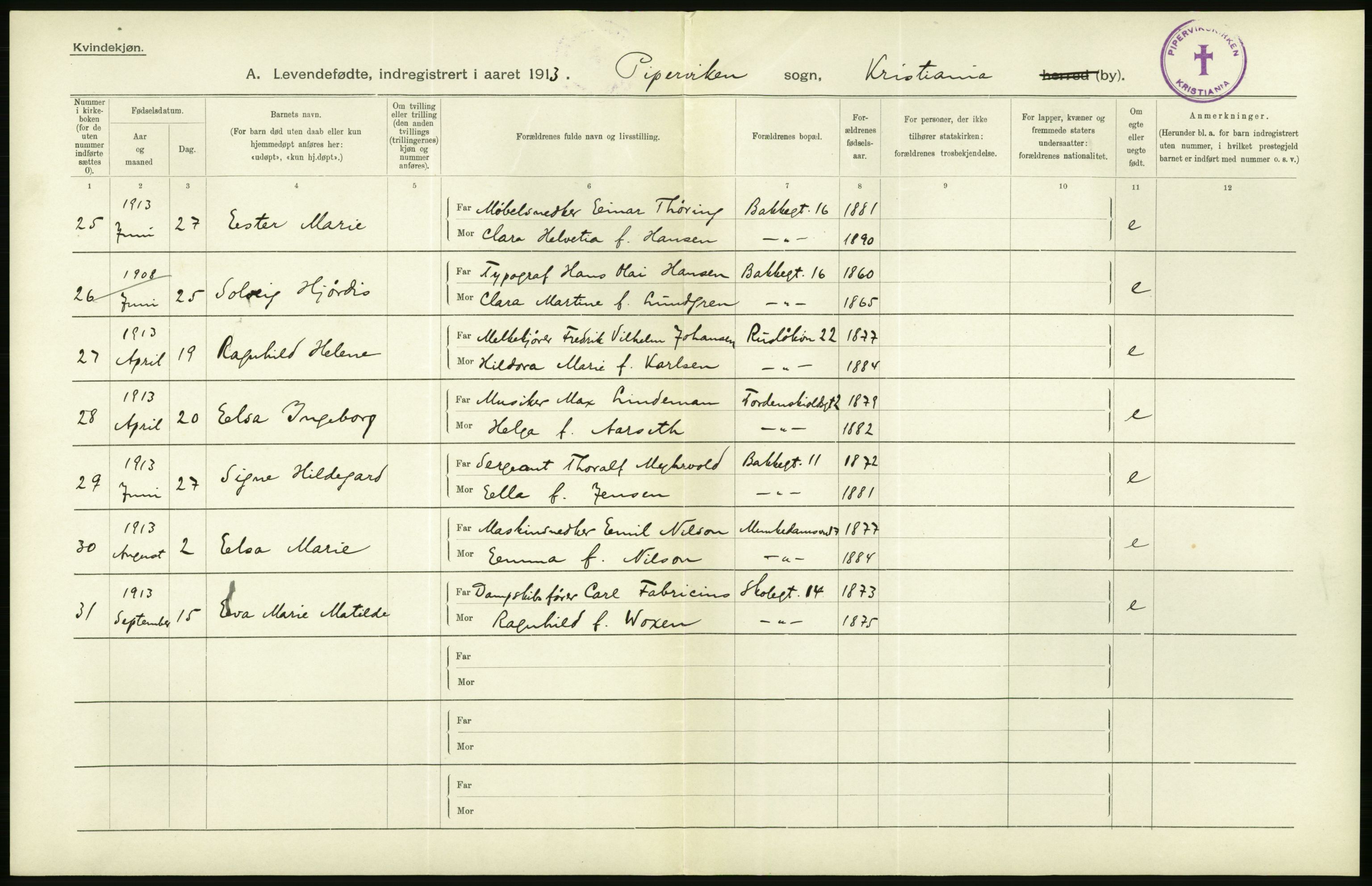 Statistisk sentralbyrå, Sosiodemografiske emner, Befolkning, AV/RA-S-2228/D/Df/Dfb/Dfbc/L0007: Kristiania: Levendefødte menn og kvinner., 1913, p. 322