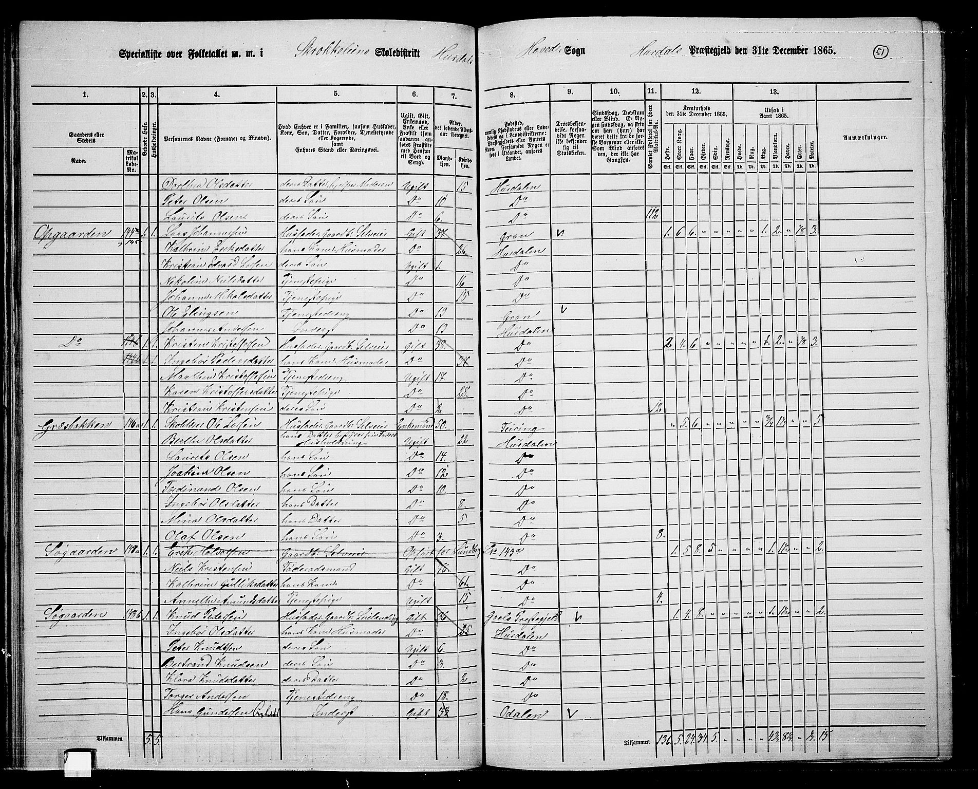 RA, 1865 census for Hurdal, 1865, p. 45