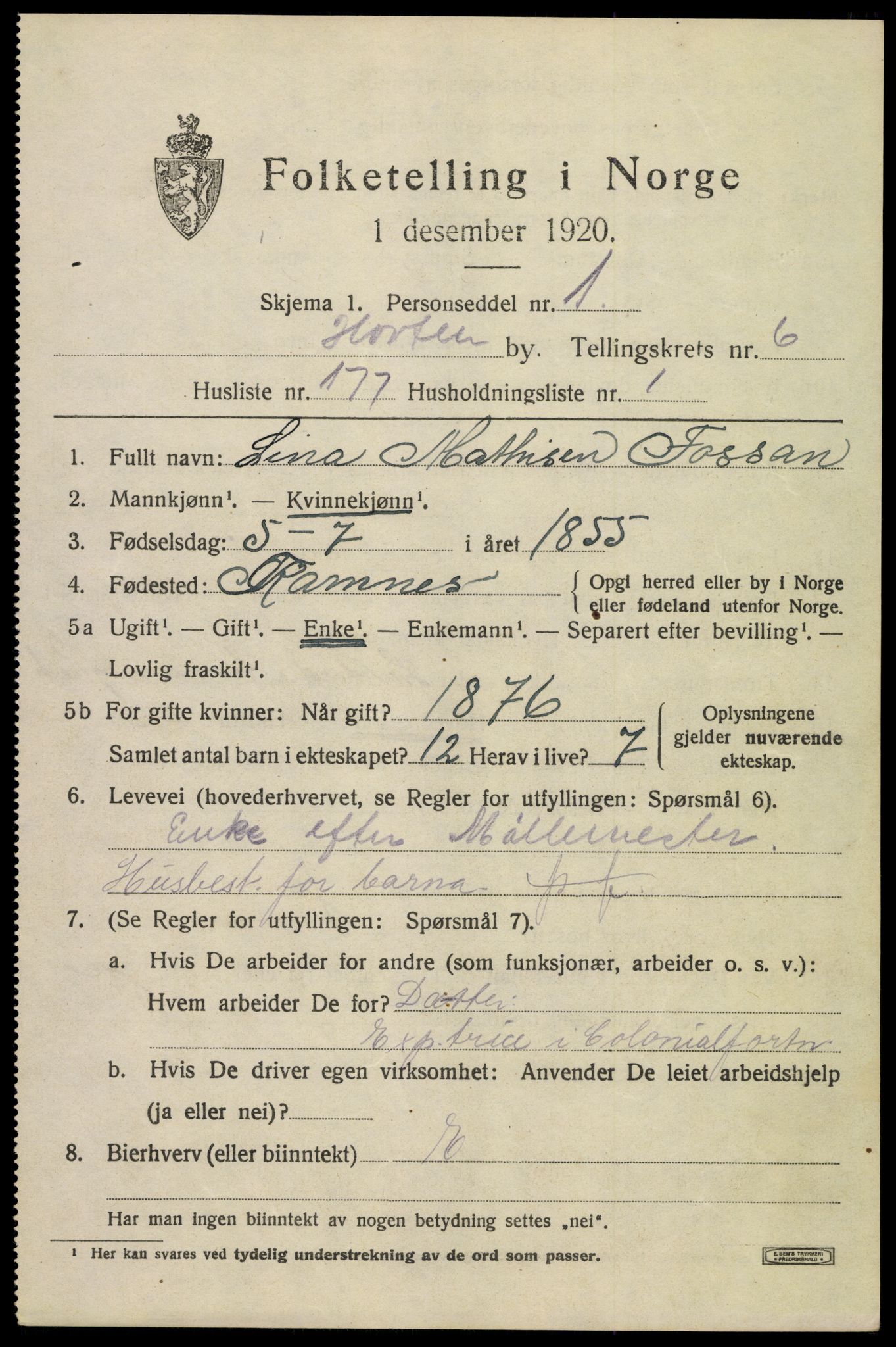 SAKO, 1920 census for Horten, 1920, p. 25409