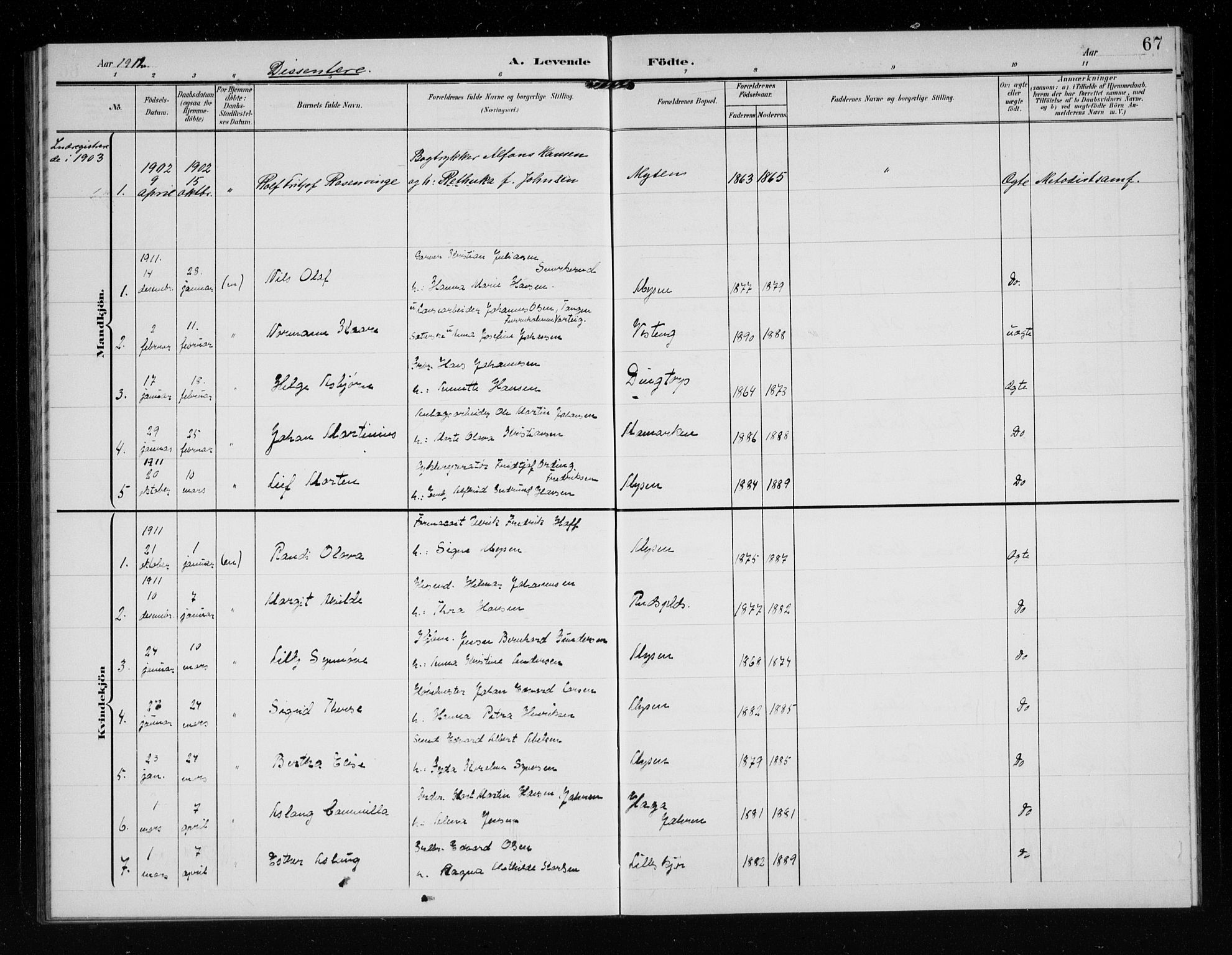 Eidsberg prestekontor Kirkebøker, AV/SAO-A-10905/G/Ga/L0002: Parish register (copy) no. I 2, 1903-1913, p. 67