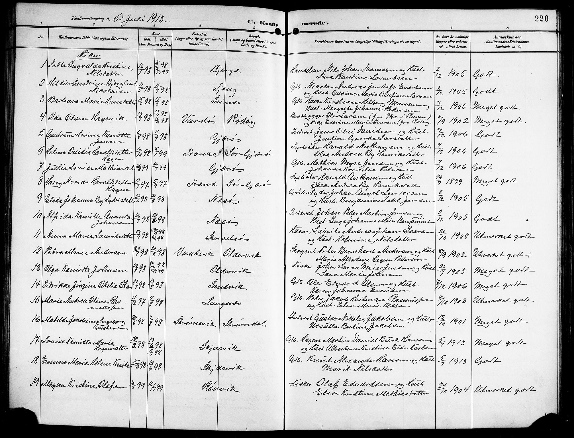 Ministerialprotokoller, klokkerbøker og fødselsregistre - Nordland, AV/SAT-A-1459/841/L0621: Parish register (copy) no. 841C05, 1897-1923, p. 220