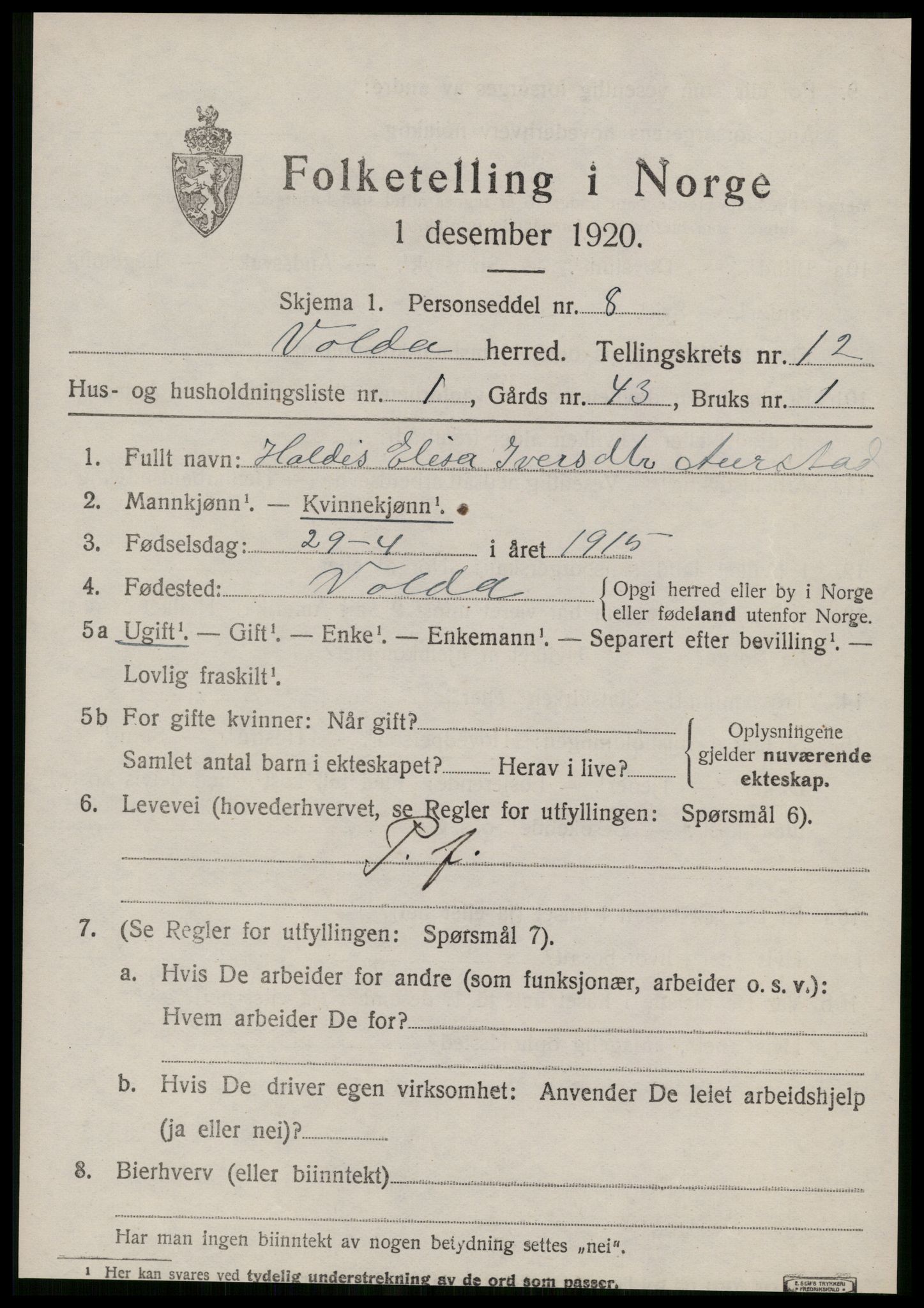 SAT, 1920 census for Volda, 1920, p. 8298