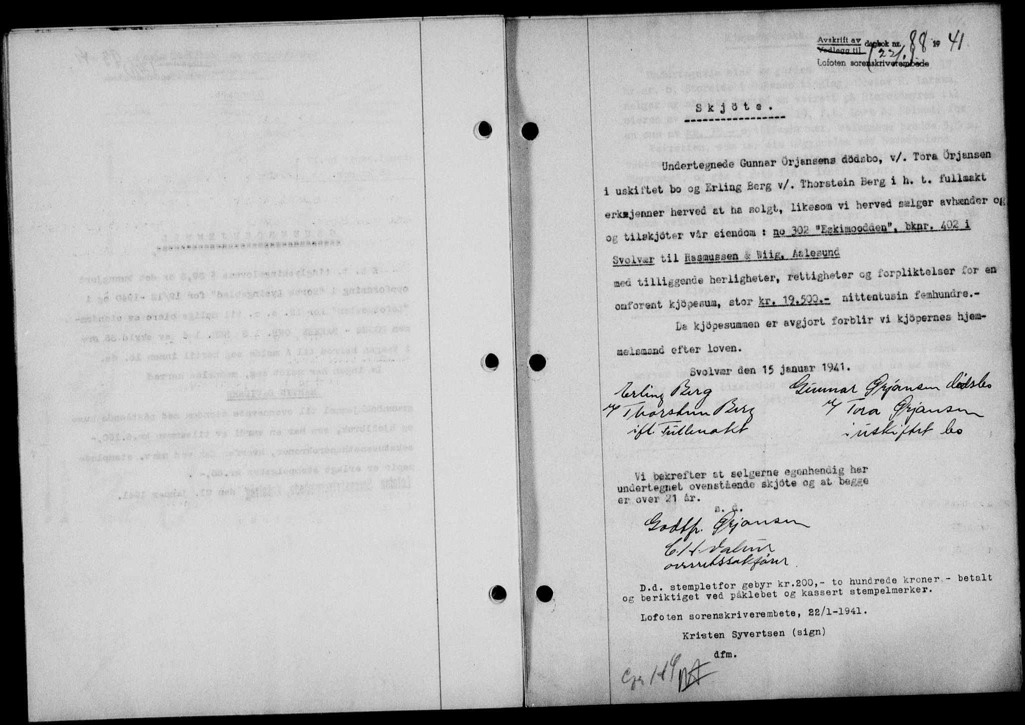 Lofoten sorenskriveri, SAT/A-0017/1/2/2C/L0008a: Mortgage book no. 8a, 1940-1941, Diary no: : 88/1941