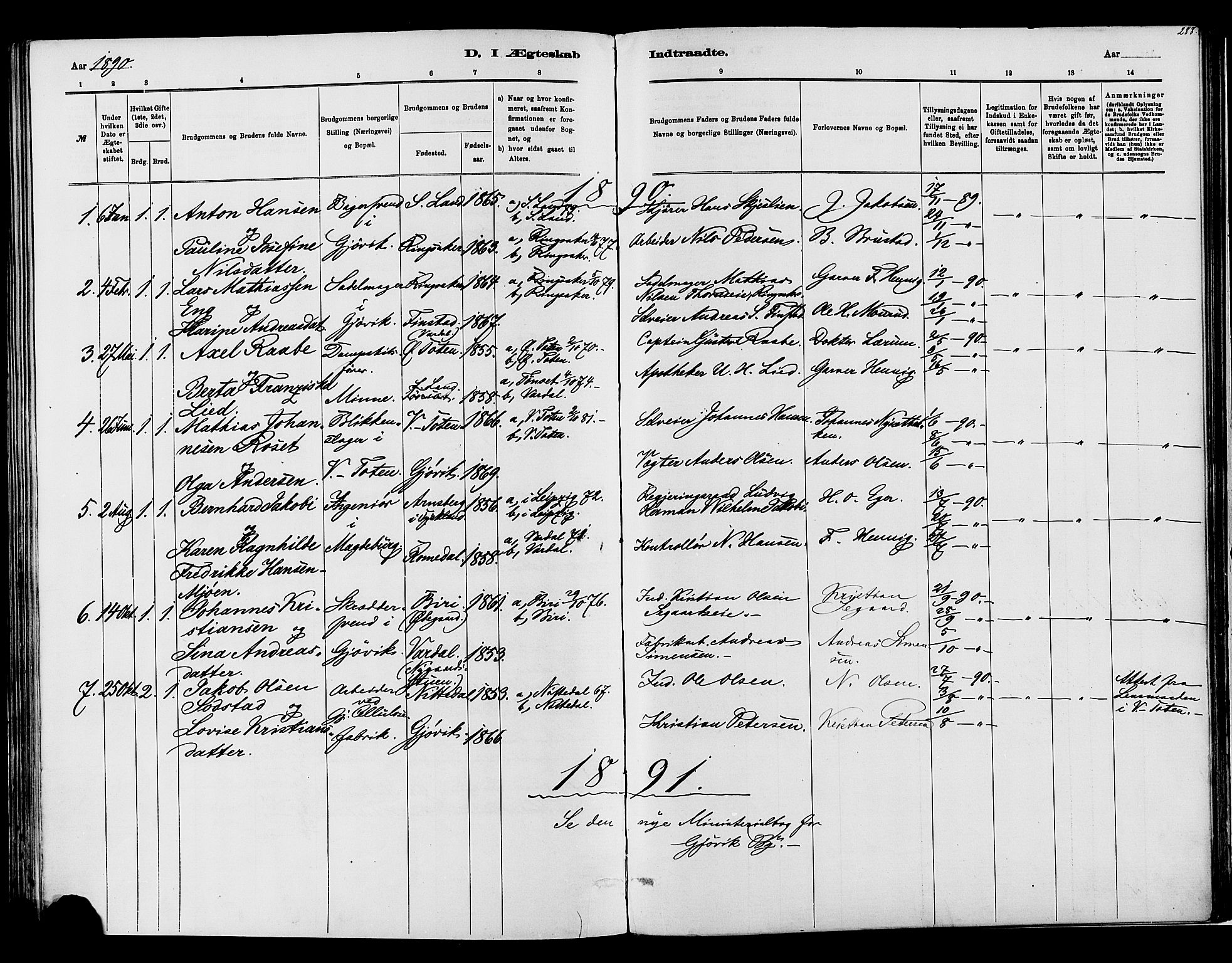 Vardal prestekontor, SAH/PREST-100/H/Ha/Haa/L0008: Parish register (official) no. 8, 1878-1890, p. 288