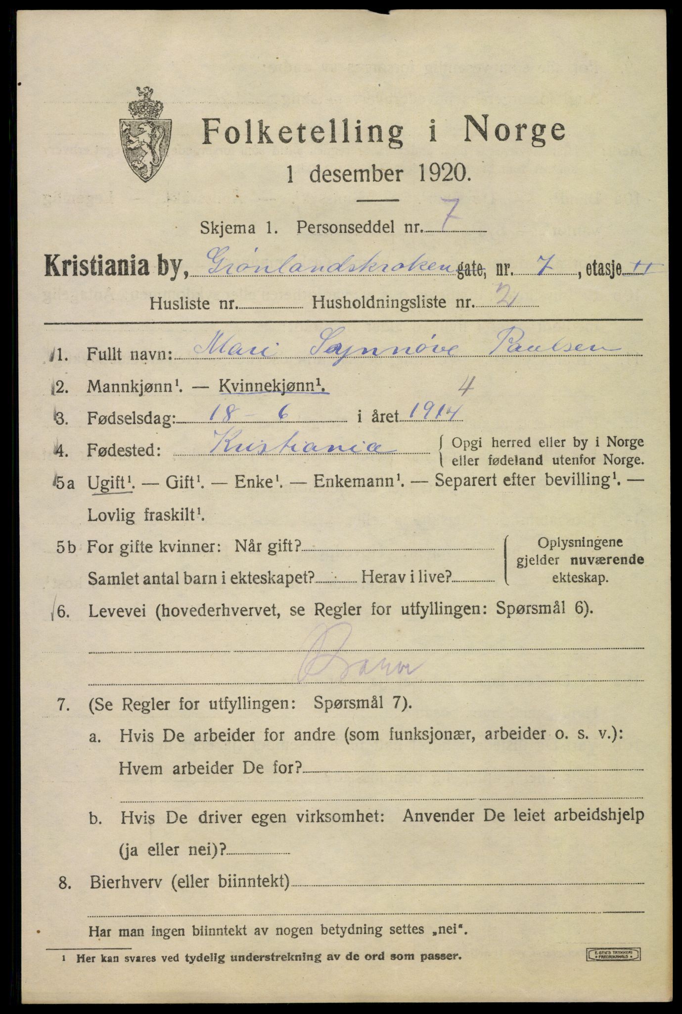 SAO, 1920 census for Kristiania, 1920, p. 255743