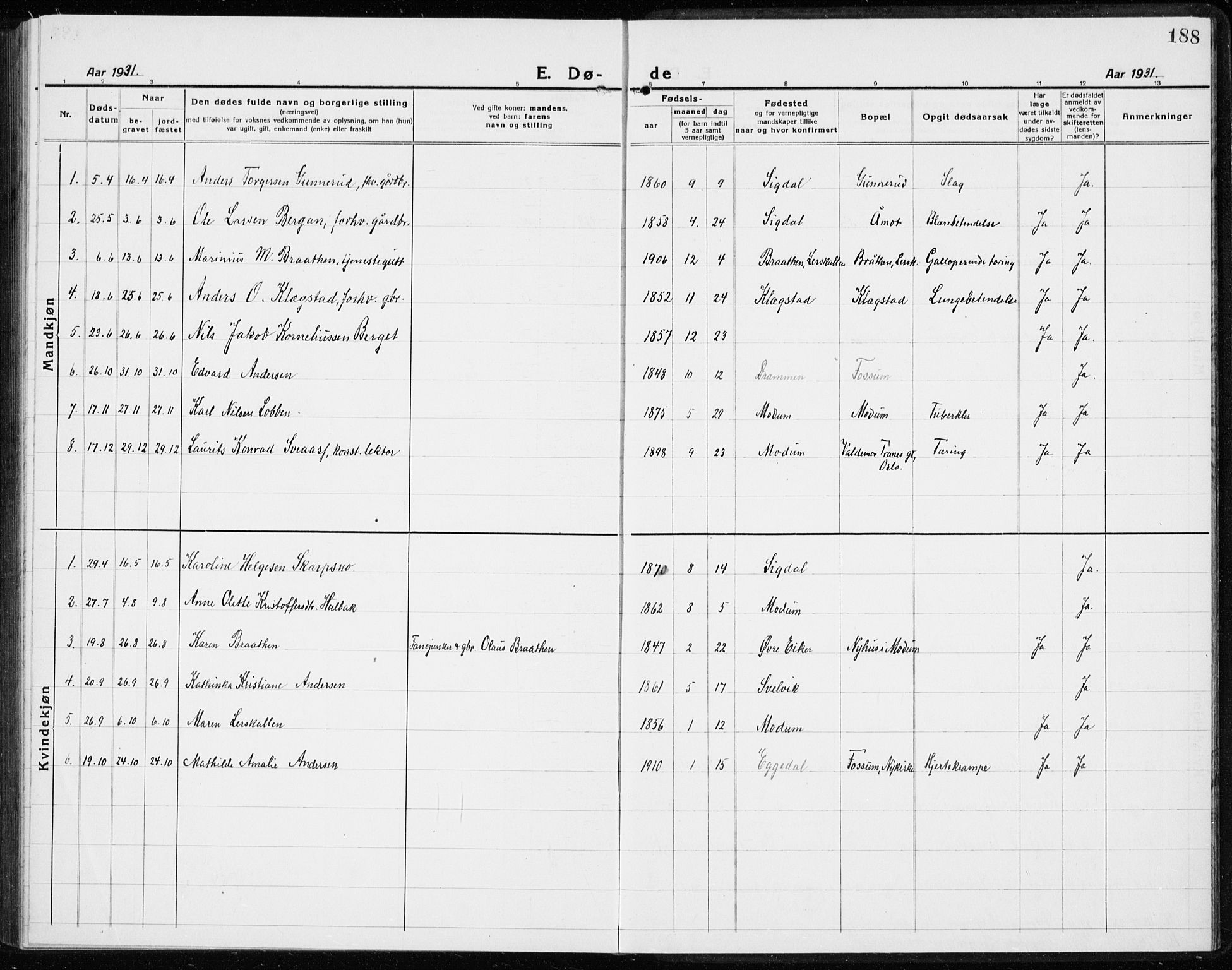 Modum kirkebøker, AV/SAKO-A-234/G/Gc/L0002: Parish register (copy) no. III 2, 1919-1935, p. 188