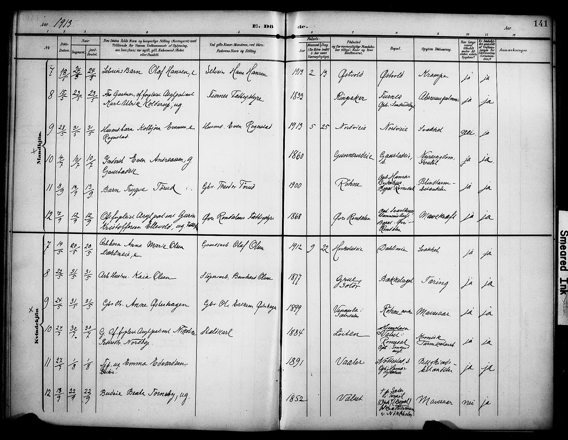 Stange prestekontor, AV/SAH-PREST-002/K/L0022: Parish register (official) no. 22, 1903-1914, p. 141