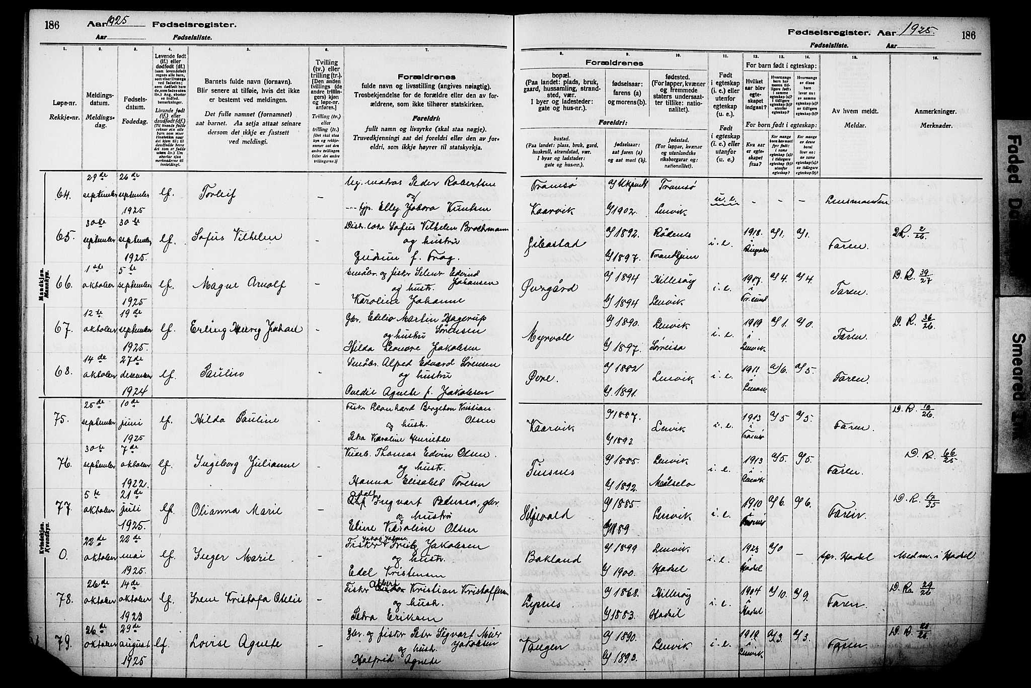 Lenvik sokneprestembete, AV/SATØ-S-1310/I/Ic/L0089: Birth register no. 89, 1916-1926, p. 186