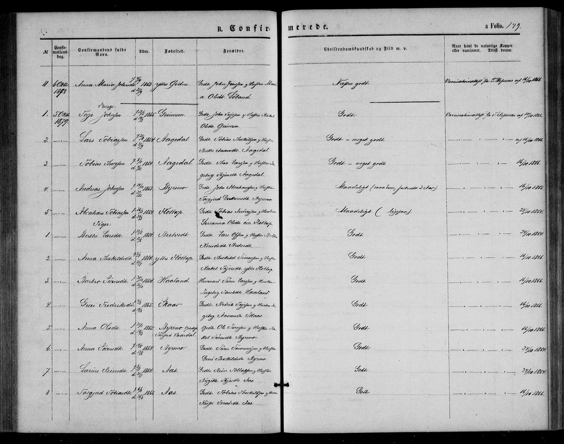 Bjelland sokneprestkontor, SAK/1111-0005/F/Fa/Fac/L0002: Parish register (official) no. A 2, 1866-1887, p. 149