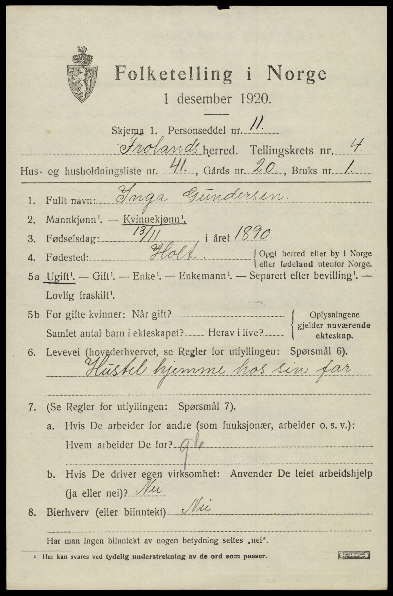 SAK, 1920 census for Froland, 1920, p. 3533