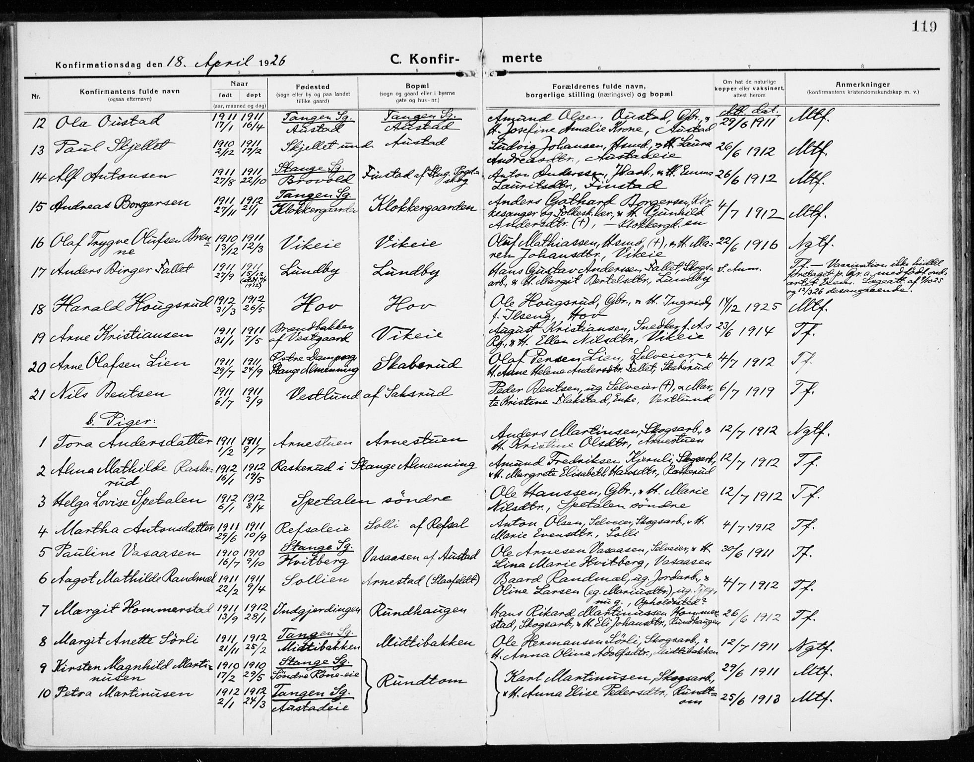 Stange prestekontor, SAH/PREST-002/K/L0025: Parish register (official) no. 25, 1921-1945, p. 119