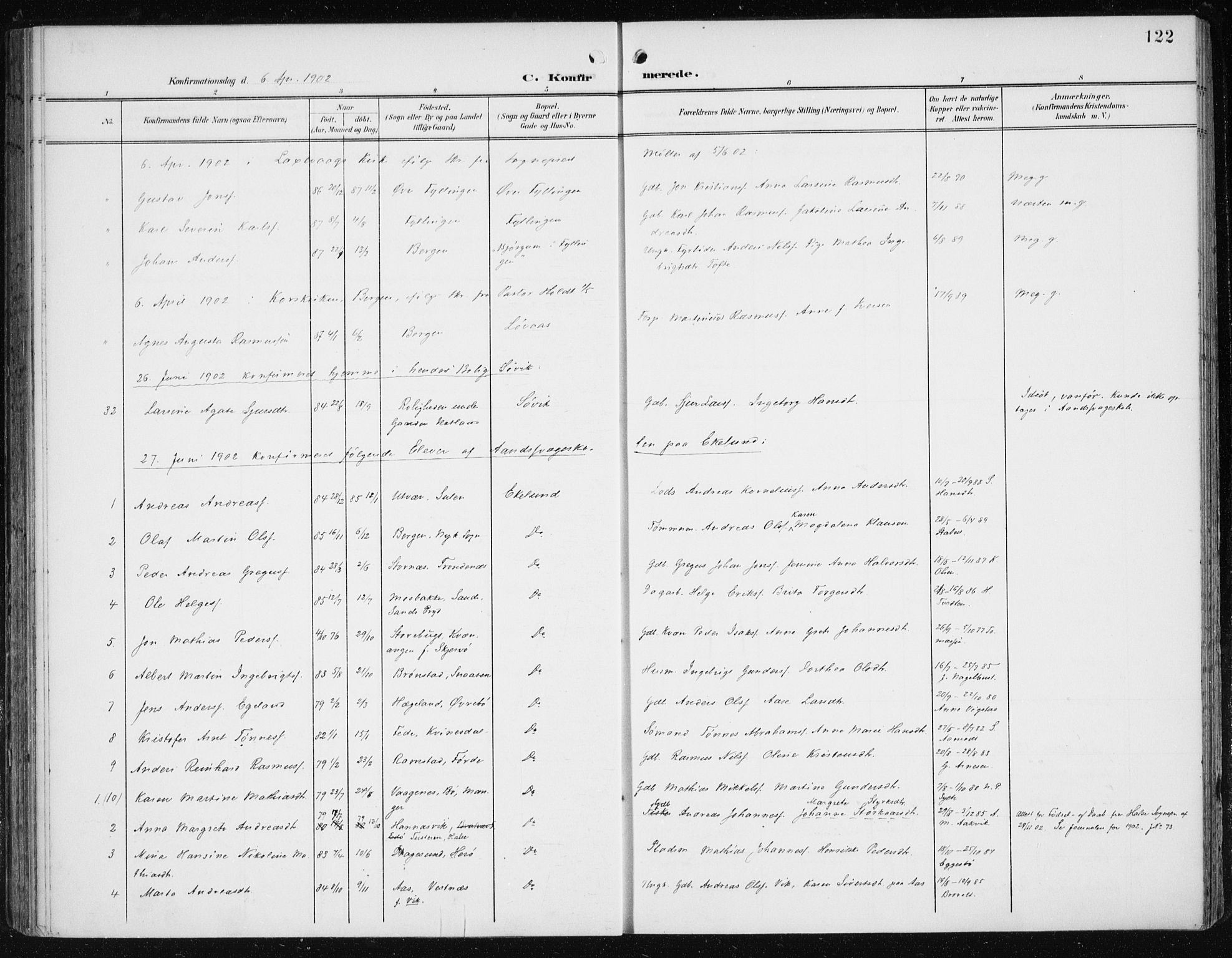 Fana Sokneprestembete, AV/SAB-A-75101/H/Haa/Haai/L0003: Parish register (official) no. I 3, 1900-1912, p. 122