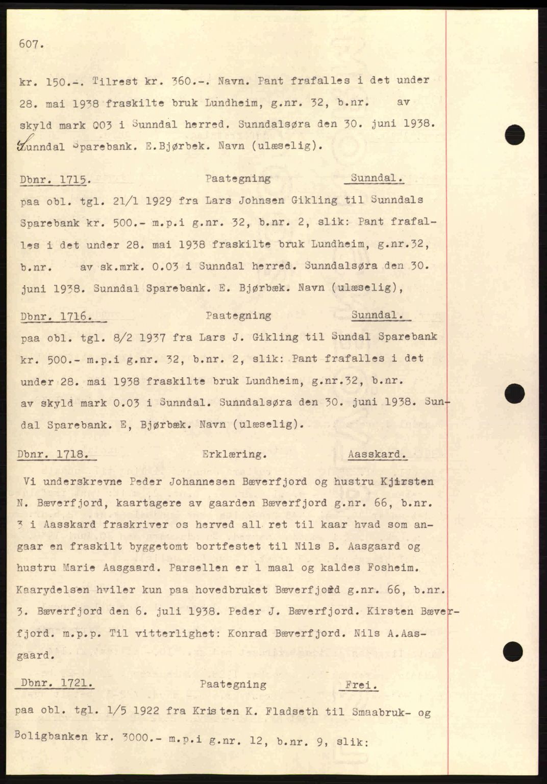 Nordmøre sorenskriveri, AV/SAT-A-4132/1/2/2Ca: Mortgage book no. C80, 1936-1939, Diary no: : 1715/1938