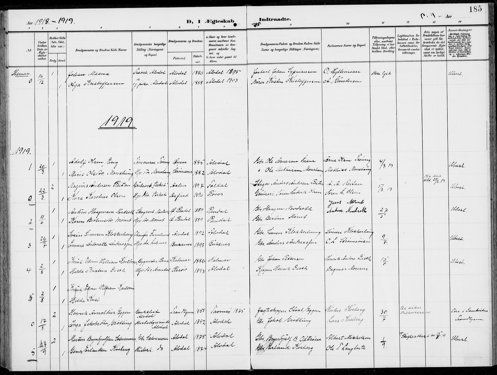 Alvdal prestekontor, SAH/PREST-060/H/Ha/Haa/L0004: Parish register (official) no. 4, 1907-1919, p. 185