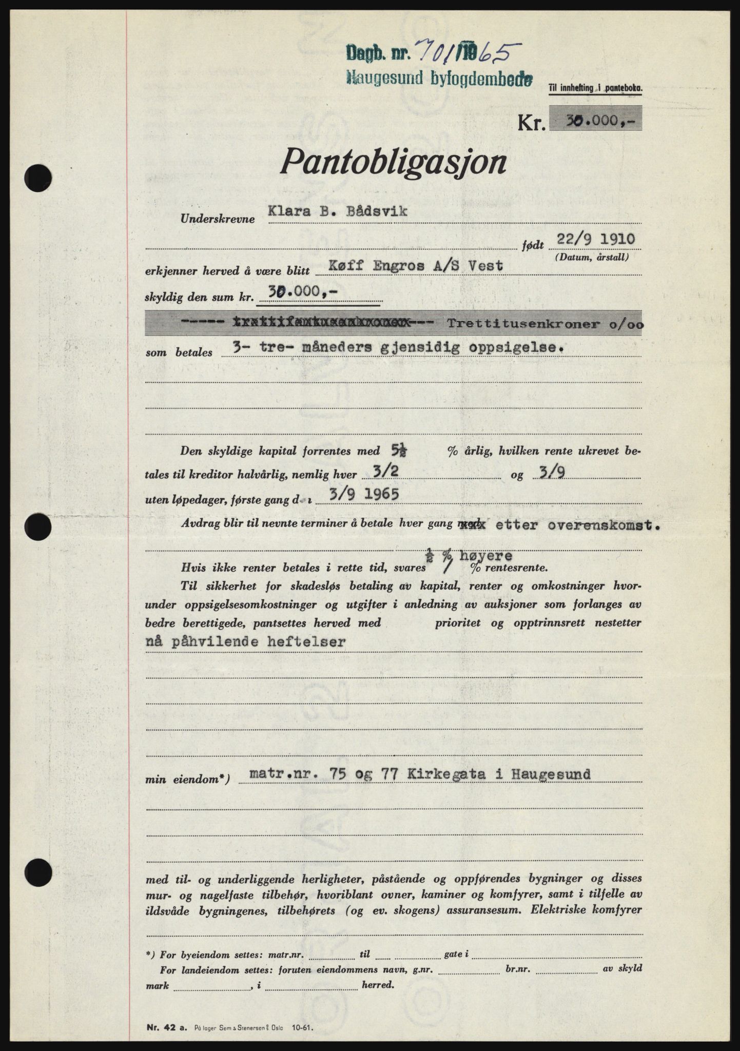 Haugesund tingrett, SAST/A-101415/01/II/IIC/L0053: Mortgage book no. B 53, 1965-1965, Diary no: : 701/1965