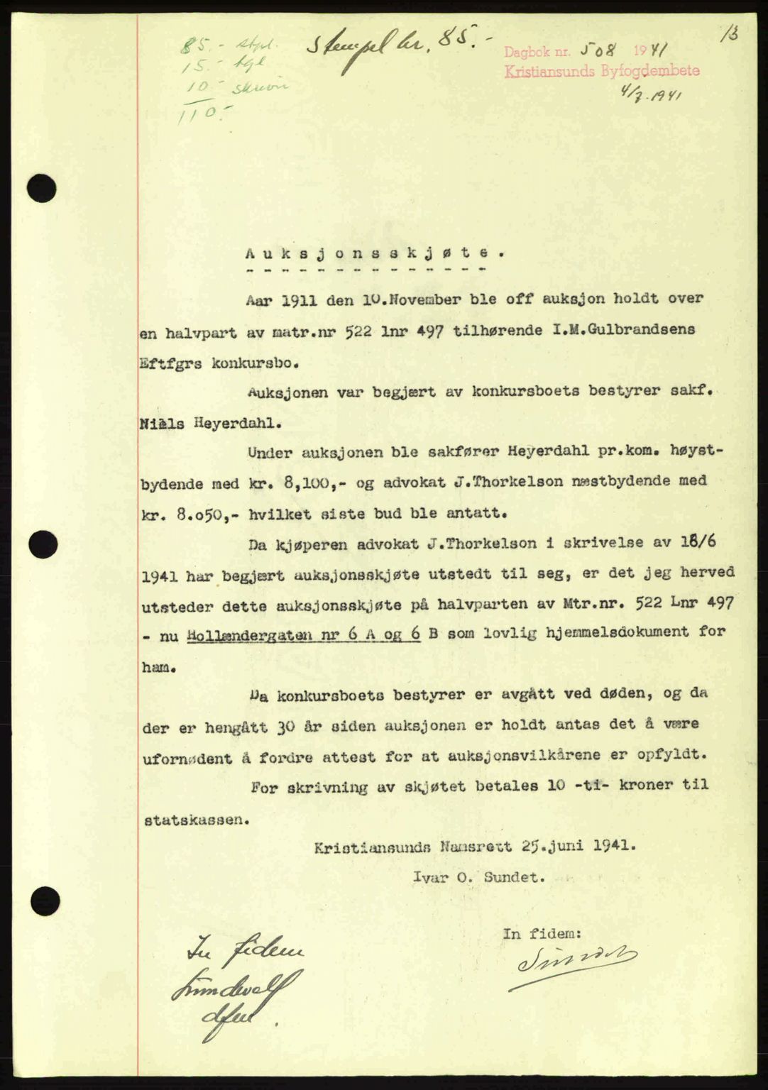 Kristiansund byfogd, AV/SAT-A-4587/A/27: Mortgage book no. 34, 1941-1945, Diary no: : 508/1941