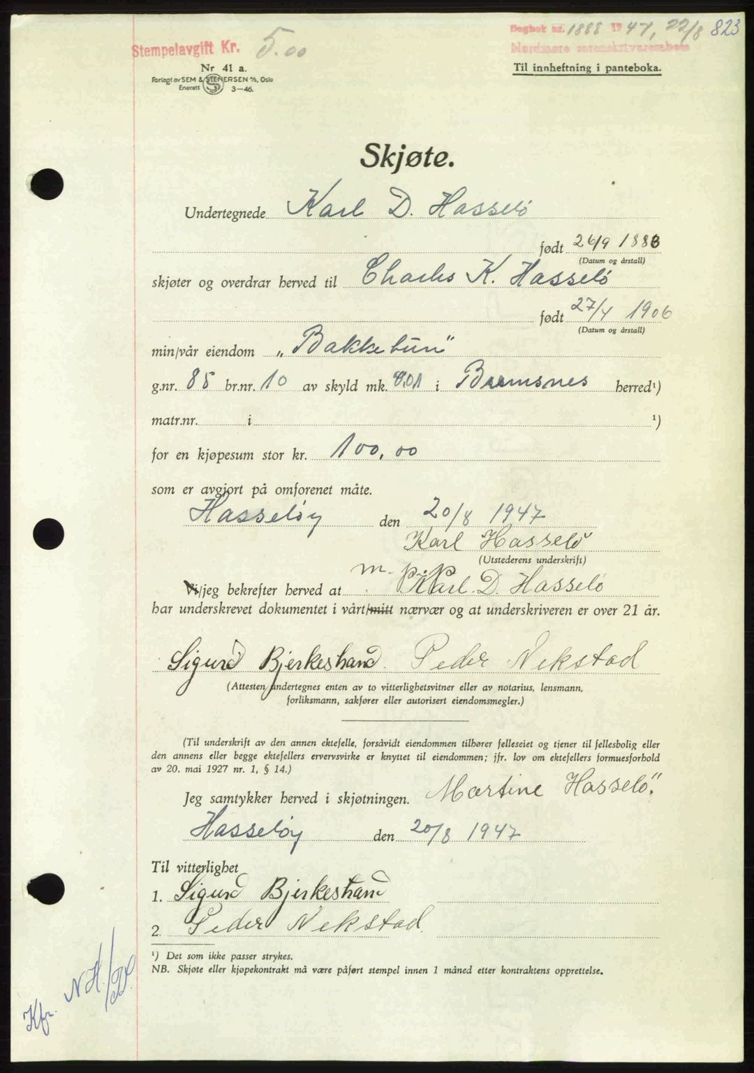 Nordmøre sorenskriveri, AV/SAT-A-4132/1/2/2Ca: Mortgage book no. A105, 1947-1947, Diary no: : 1888/1947