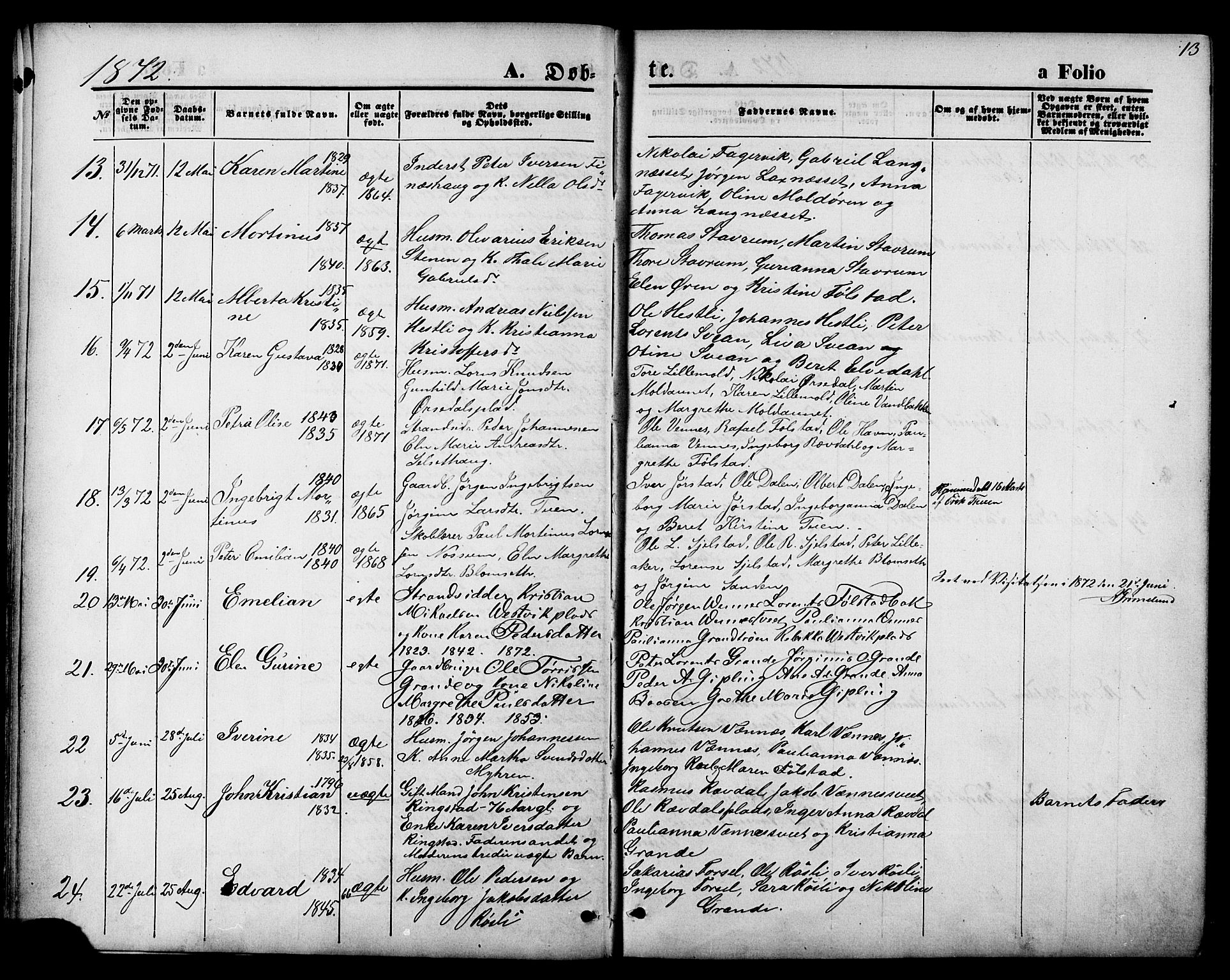 Ministerialprotokoller, klokkerbøker og fødselsregistre - Nord-Trøndelag, SAT/A-1458/744/L0419: Parish register (official) no. 744A03, 1867-1881, p. 13