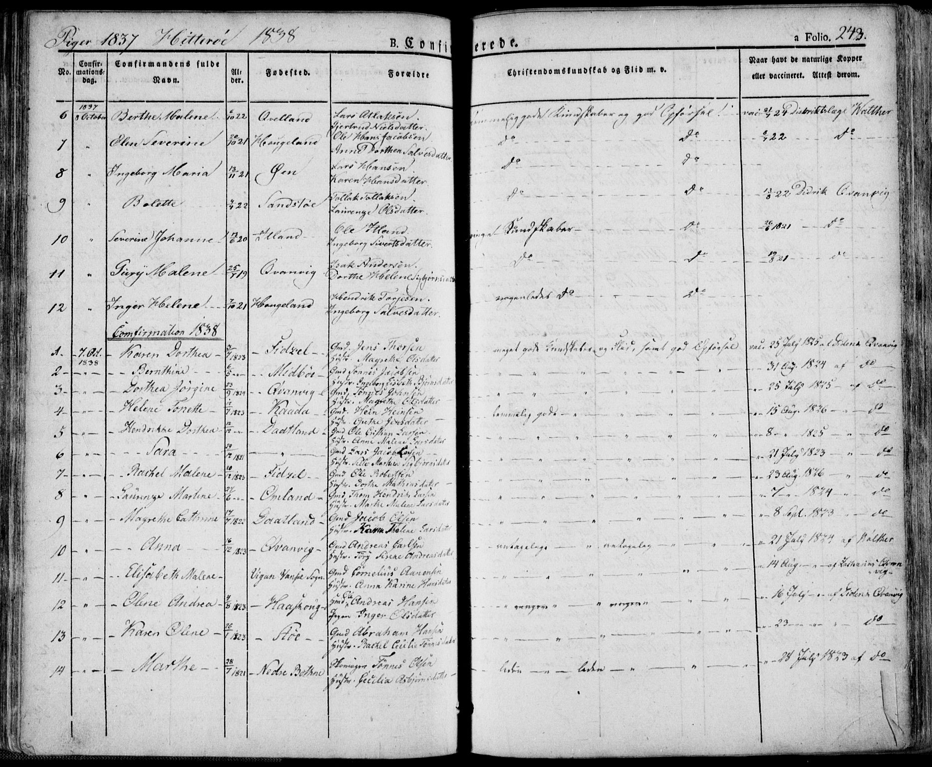 Flekkefjord sokneprestkontor, SAK/1111-0012/F/Fa/Fac/L0003: Parish register (official) no. A 3, 1826-1841, p. 243