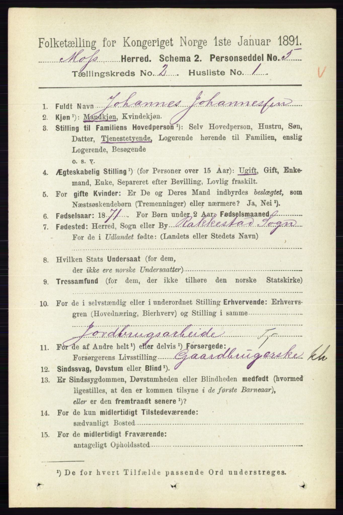 RA, 1891 Census for 0194 Moss, 1891, p. 852