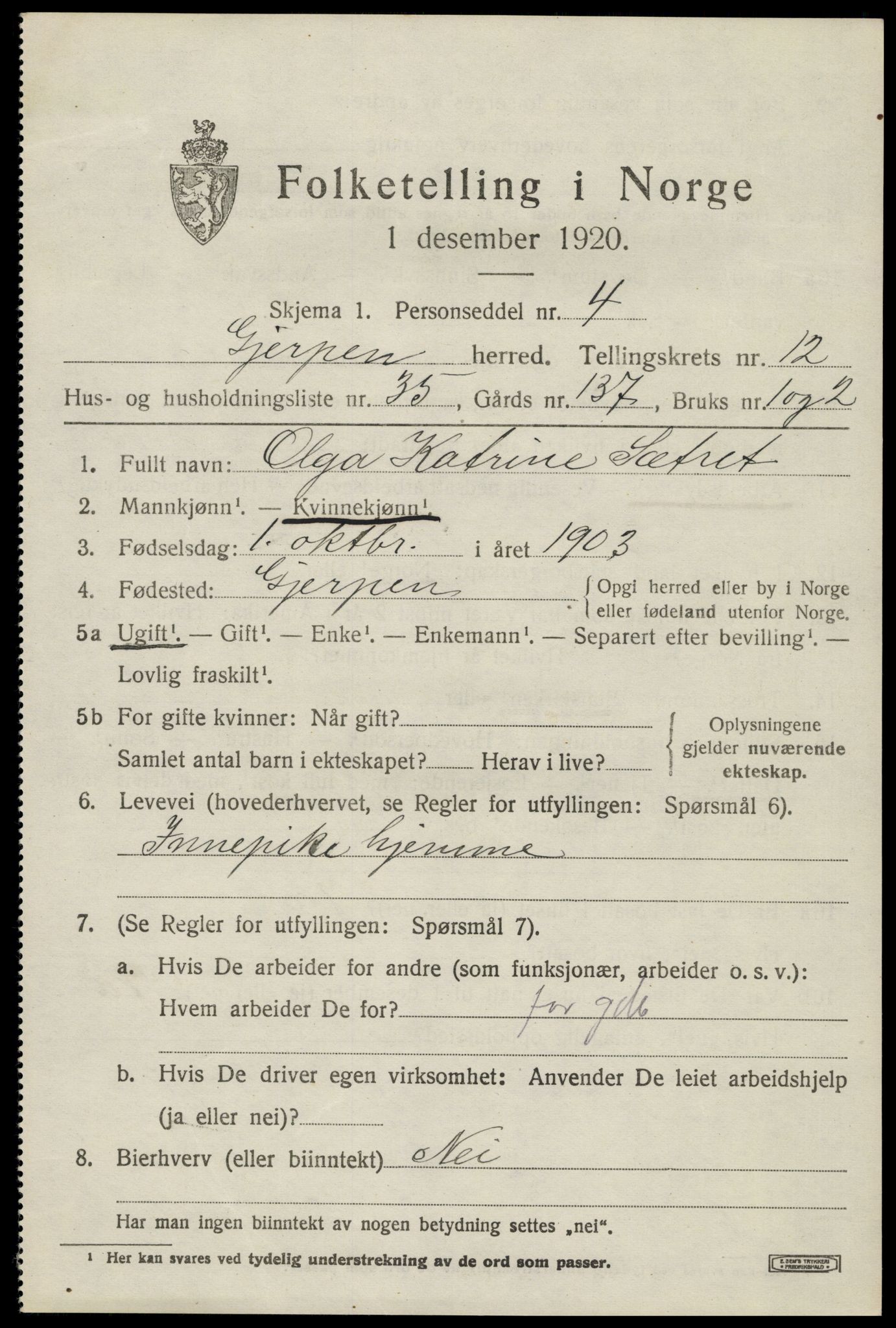 SAKO, 1920 census for Gjerpen, 1920, p. 13910