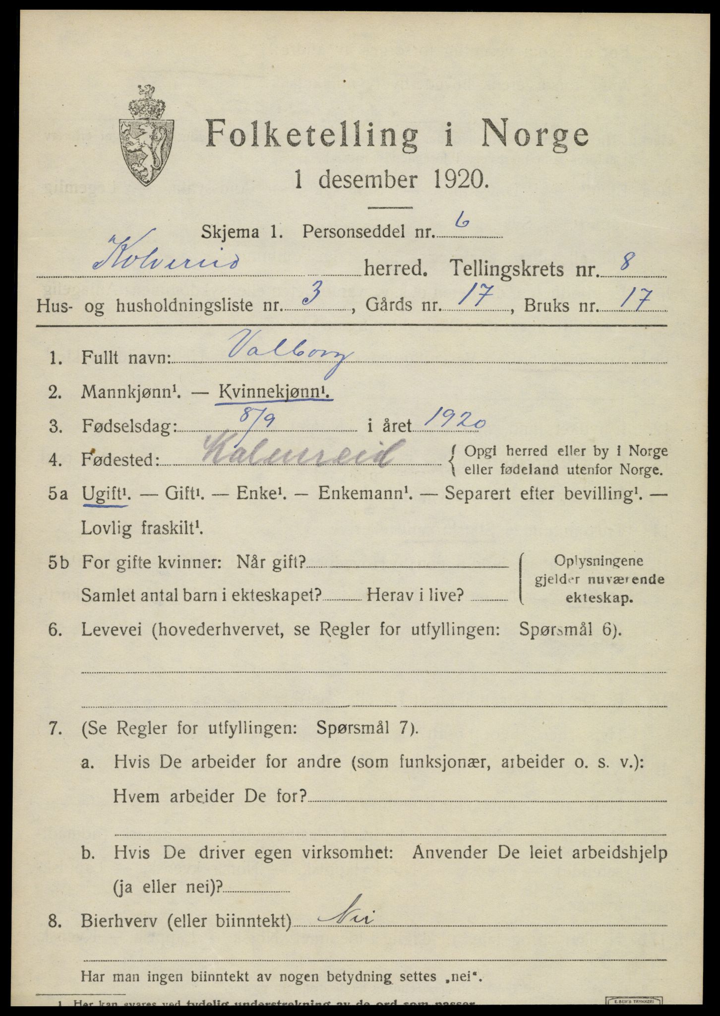 SAT, 1920 census for Kolvereid, 1920, p. 5115