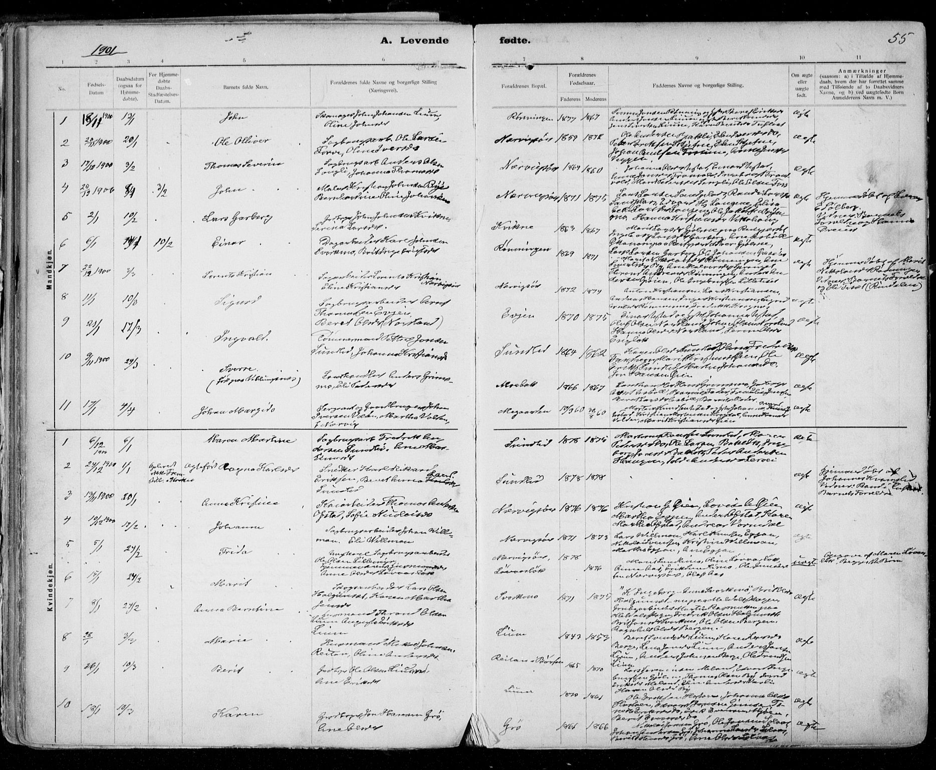Ministerialprotokoller, klokkerbøker og fødselsregistre - Sør-Trøndelag, SAT/A-1456/668/L0811: Parish register (official) no. 668A11, 1894-1913, p. 55