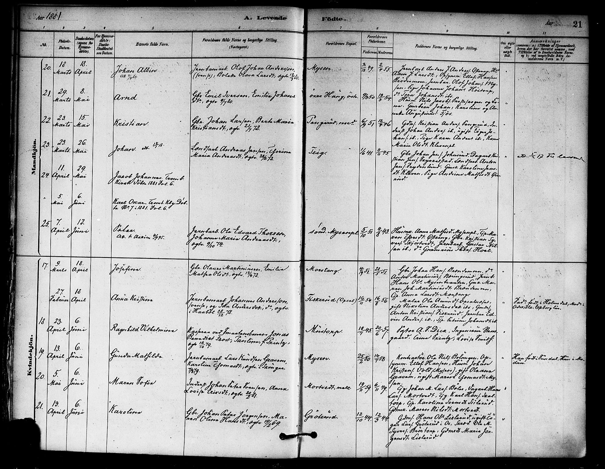 Eidsberg prestekontor Kirkebøker, AV/SAO-A-10905/F/Fa/L0012: Parish register (official) no. I 12, 1879-1901, p. 21